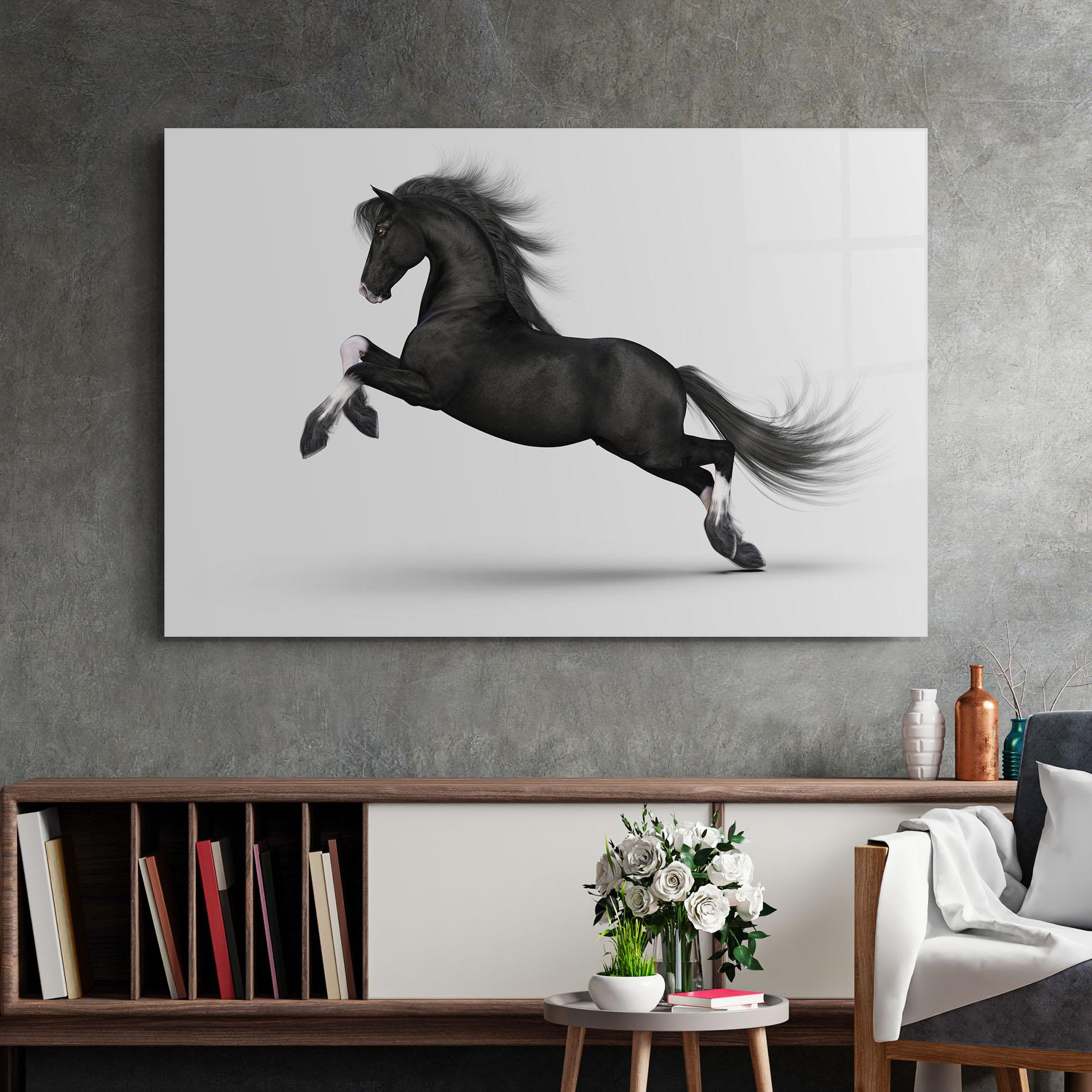 Стъклена картина Black Horse Galloping mockup 2