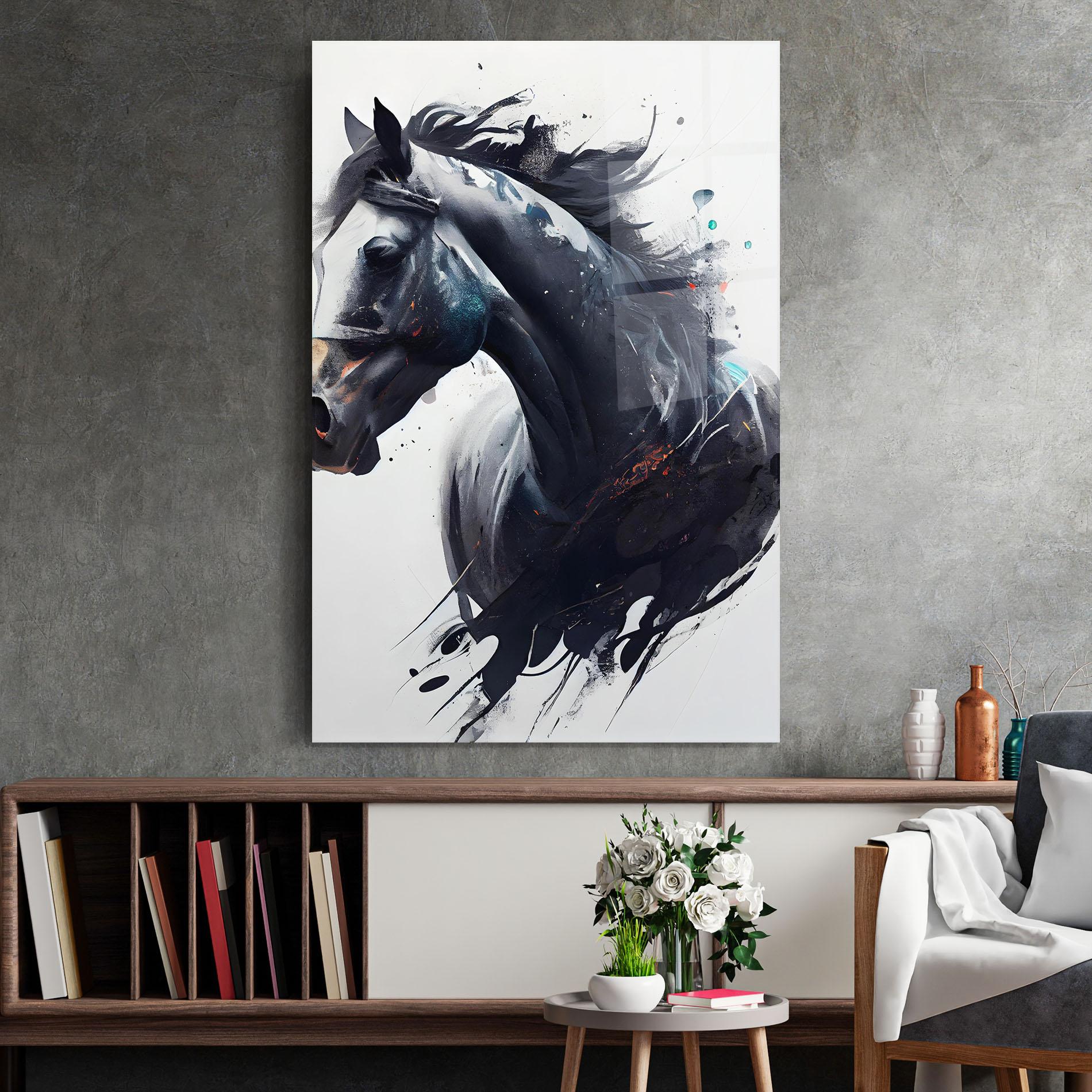 Стъклена картина Black Paint Horse mockup 2