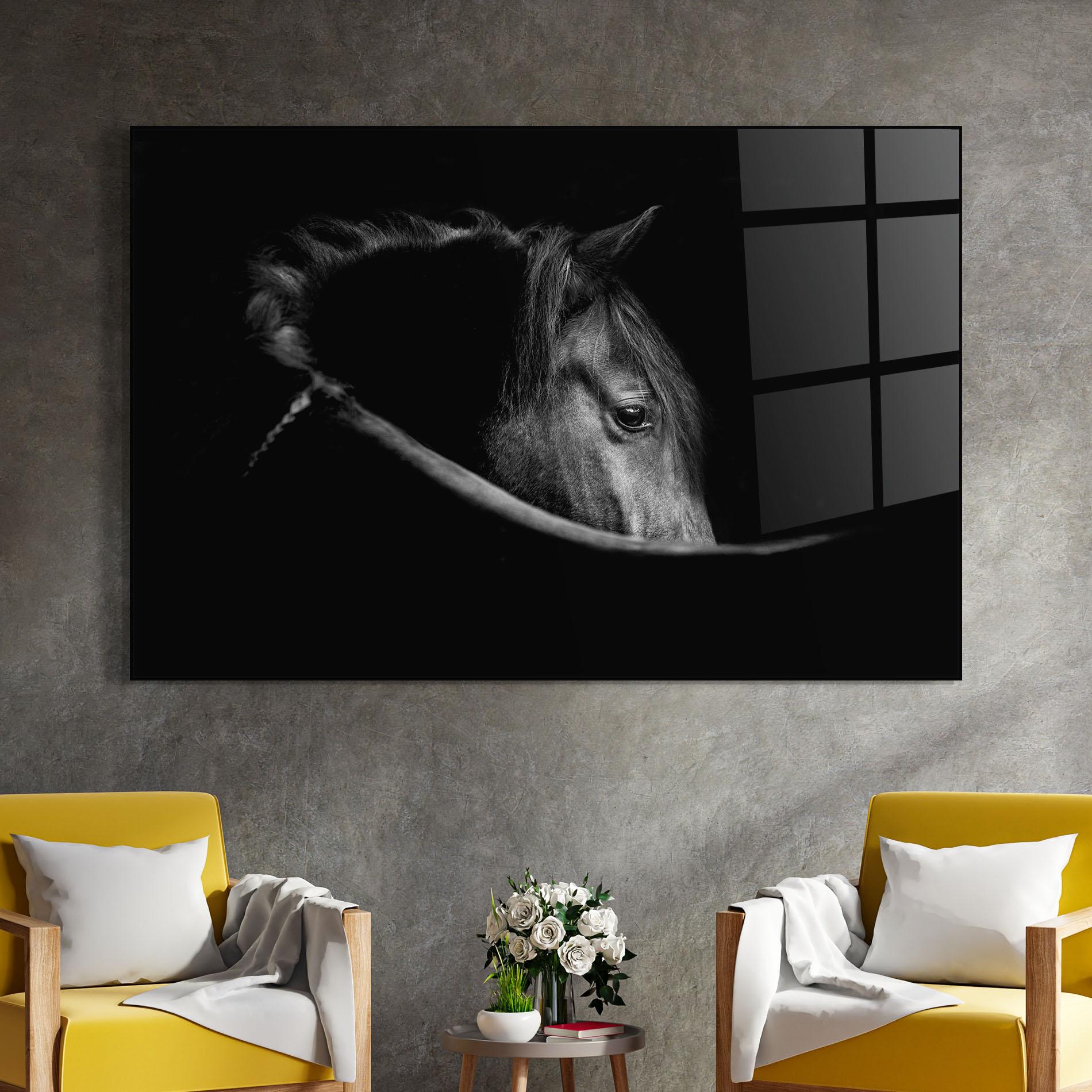 Стъклена картина Black Horse Looking mockup 4