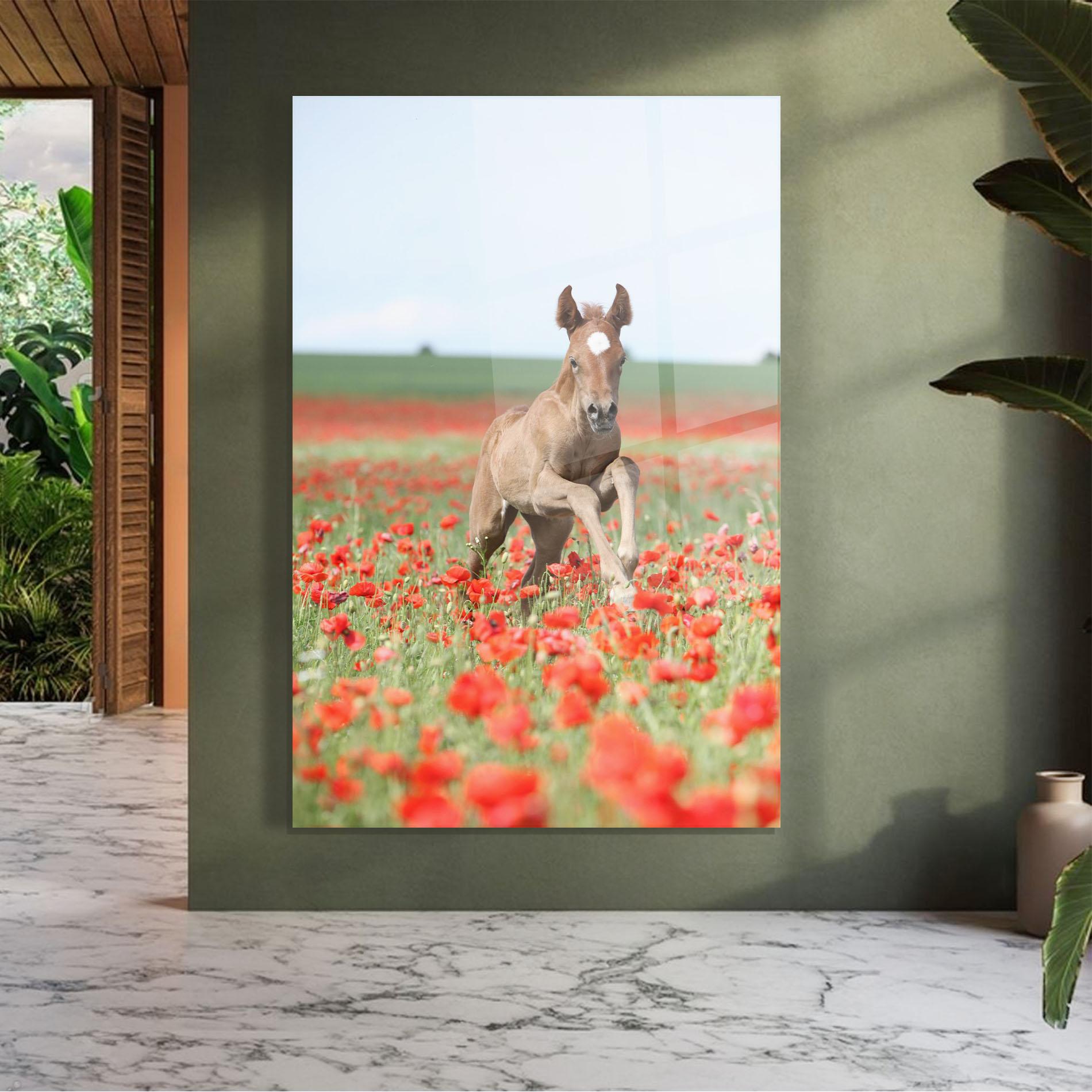 Стъклена картина Red Flowers Horse mockup 7
