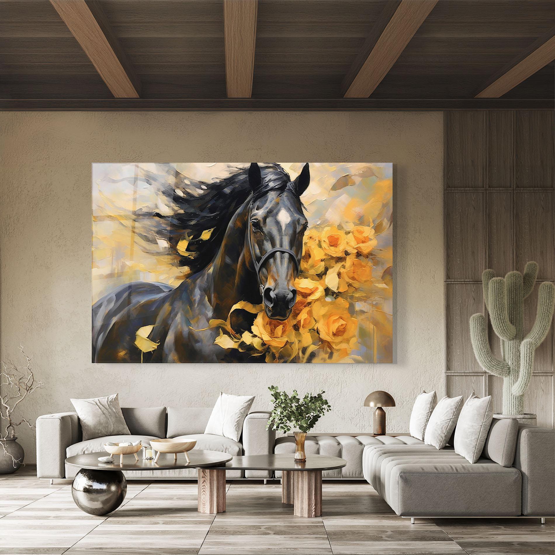 Стъклена картина Yellow Roses Horse mockup 8