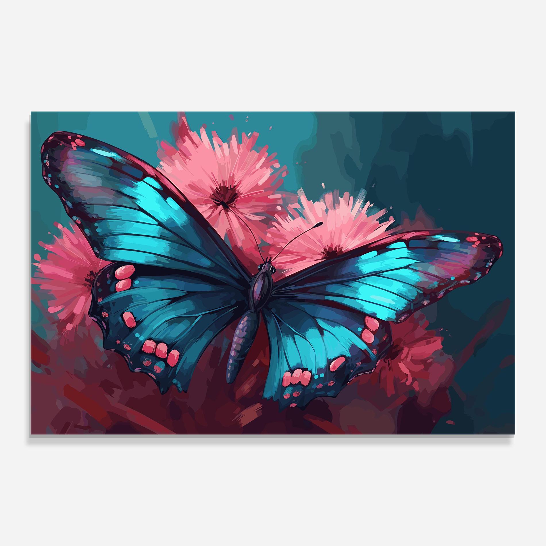 Стъклена картина Blue Butterfly On Pink mockup 0