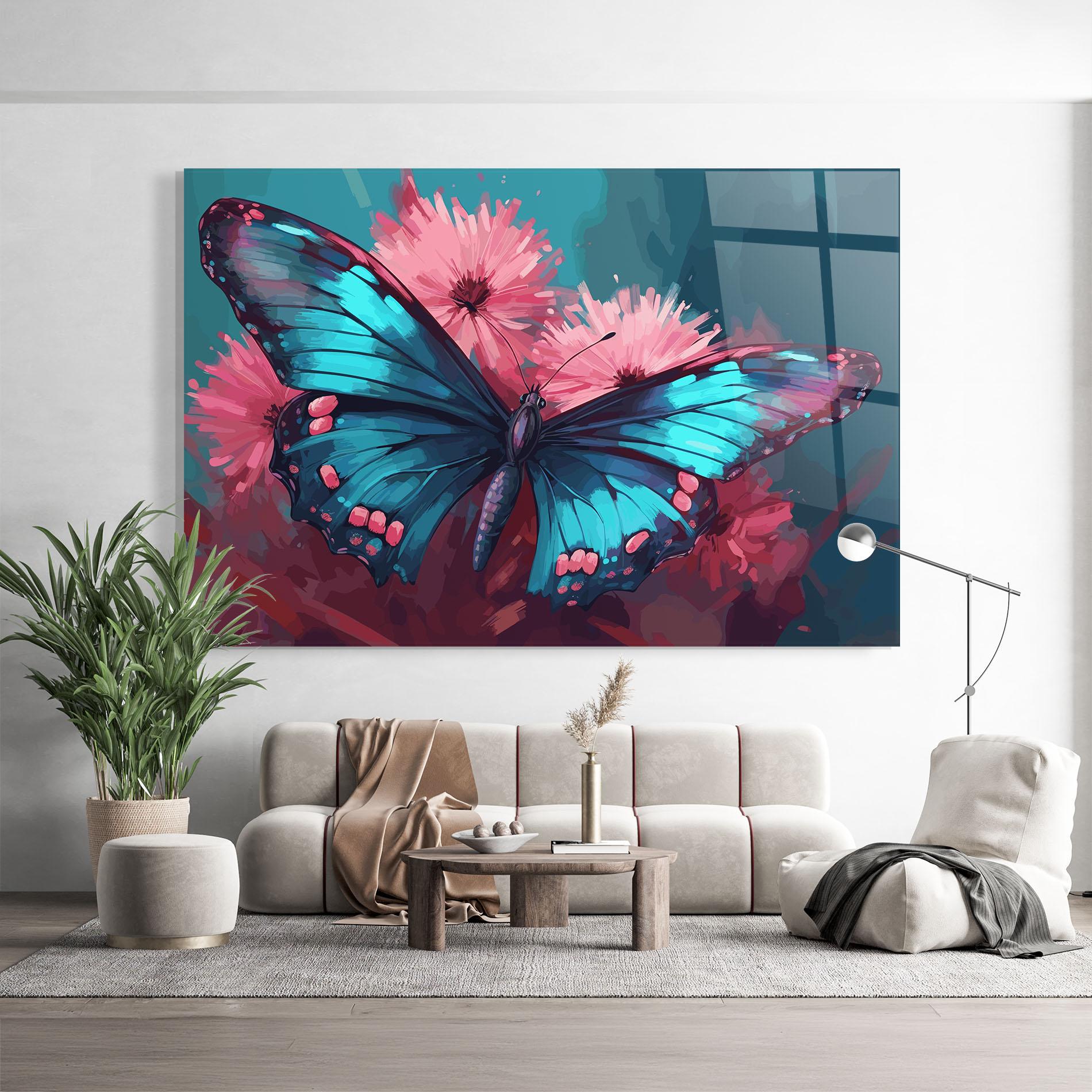 Стъклена картина Blue Butterfly On Pink mockup 9