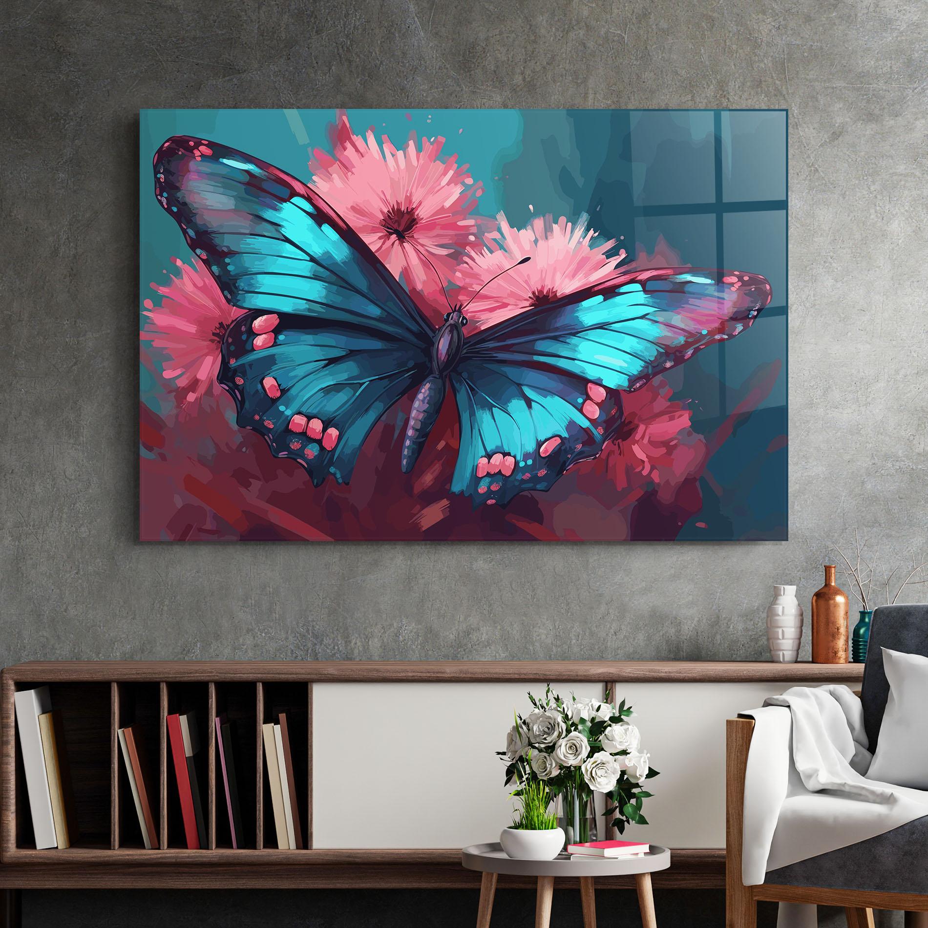 Стъклена картина Blue Butterfly On Pink mockup 2