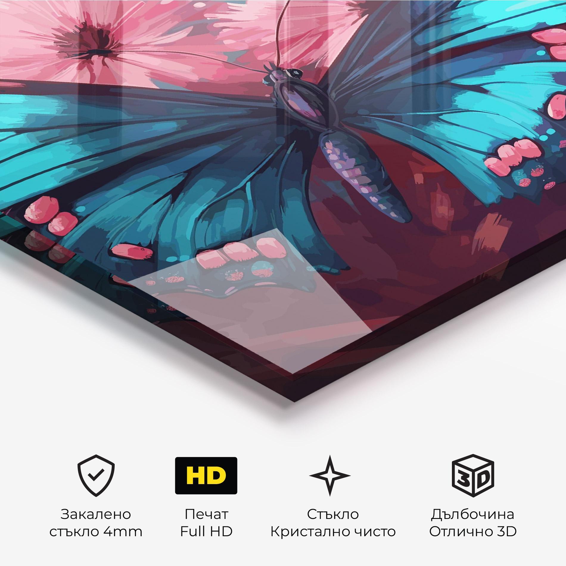 Стъклена картина Blue Butterfly On Pink mockup 3
