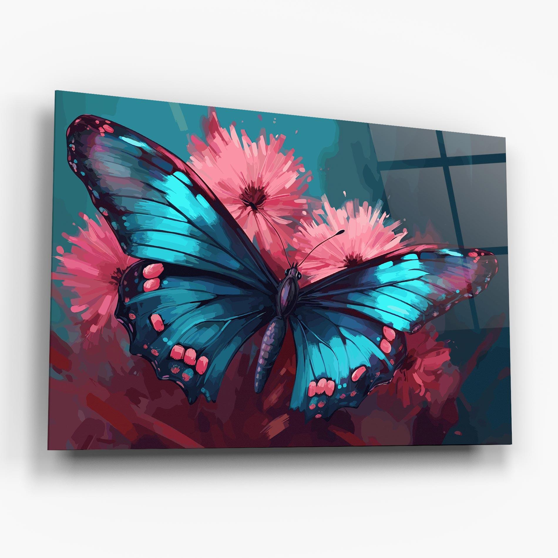 Стъклена картина Blue Butterfly On Pink mockup 6