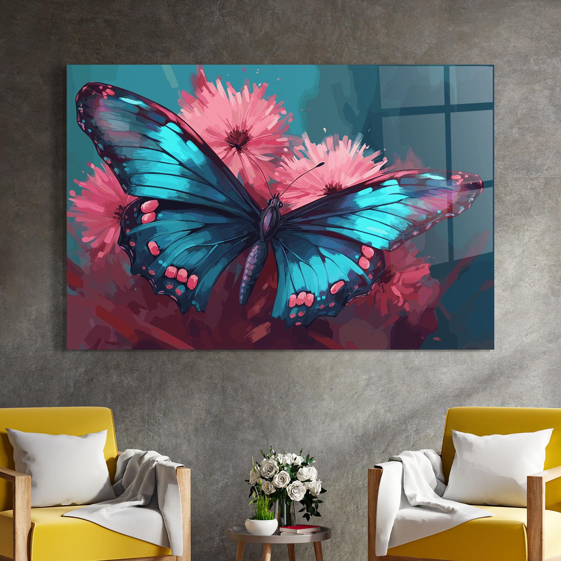 Стъклена картина Blue Butterfly On Pink mockup 4