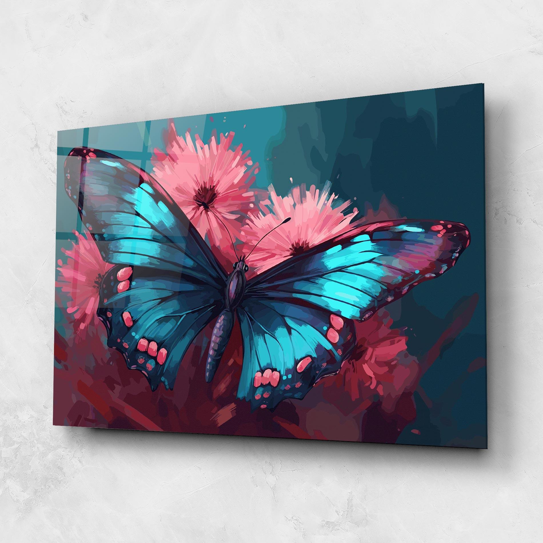 Стъклена картина Blue Butterfly On Pink mockup 1