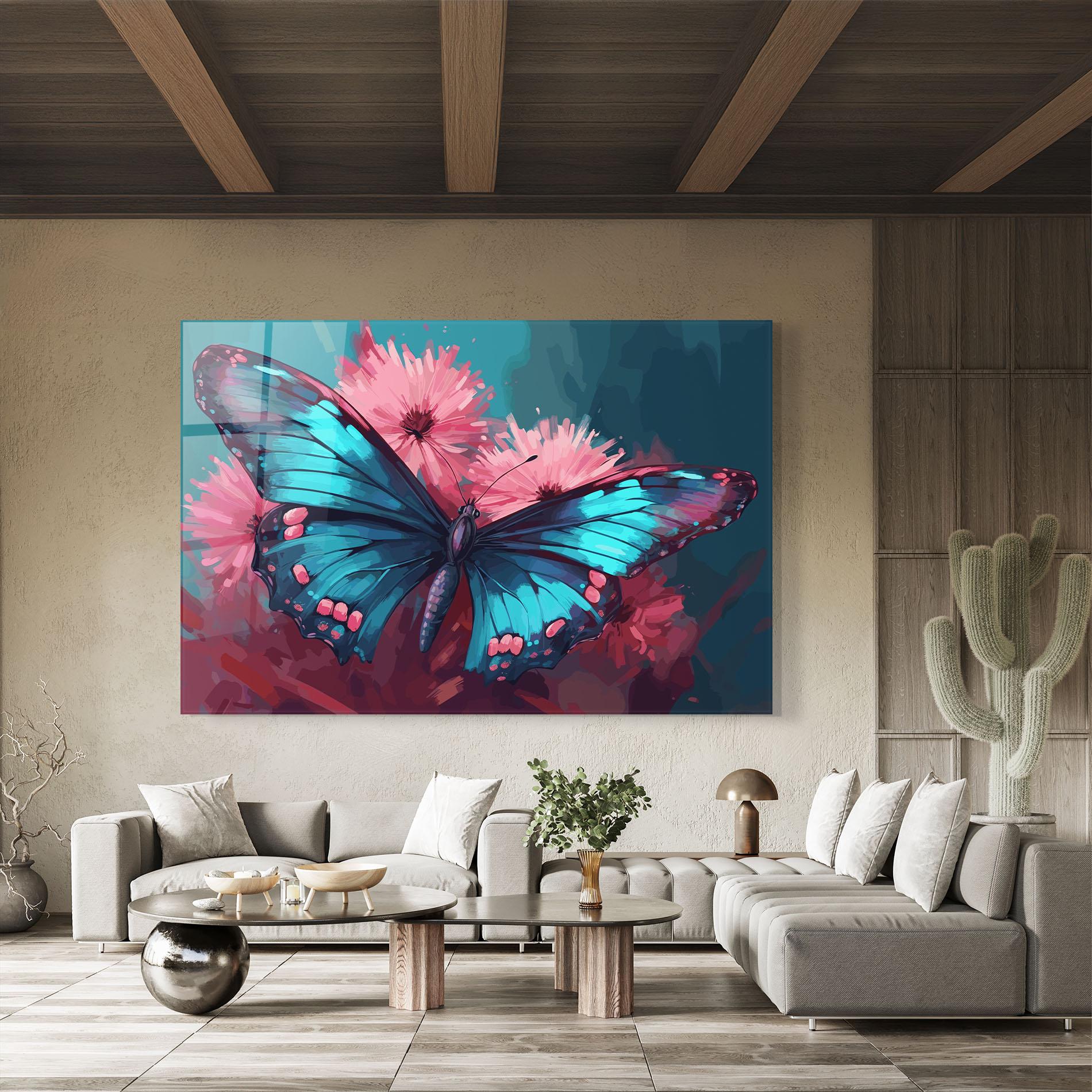Стъклена картина Blue Butterfly On Pink mockup 8