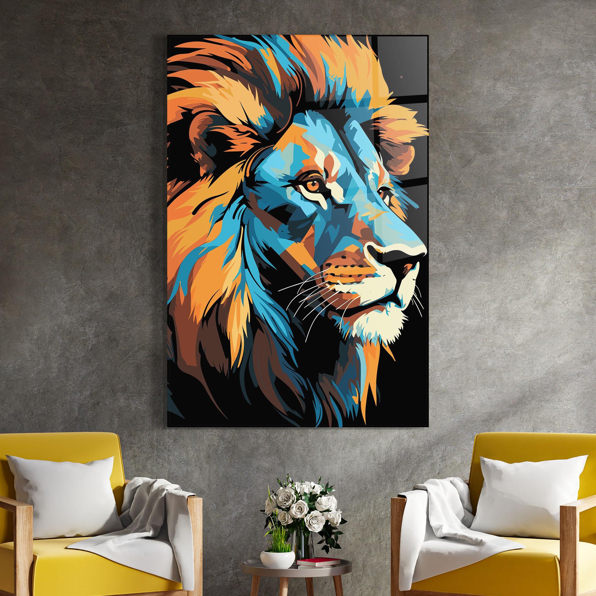 Стъклена картина Blue Yellow Lion mockup 4