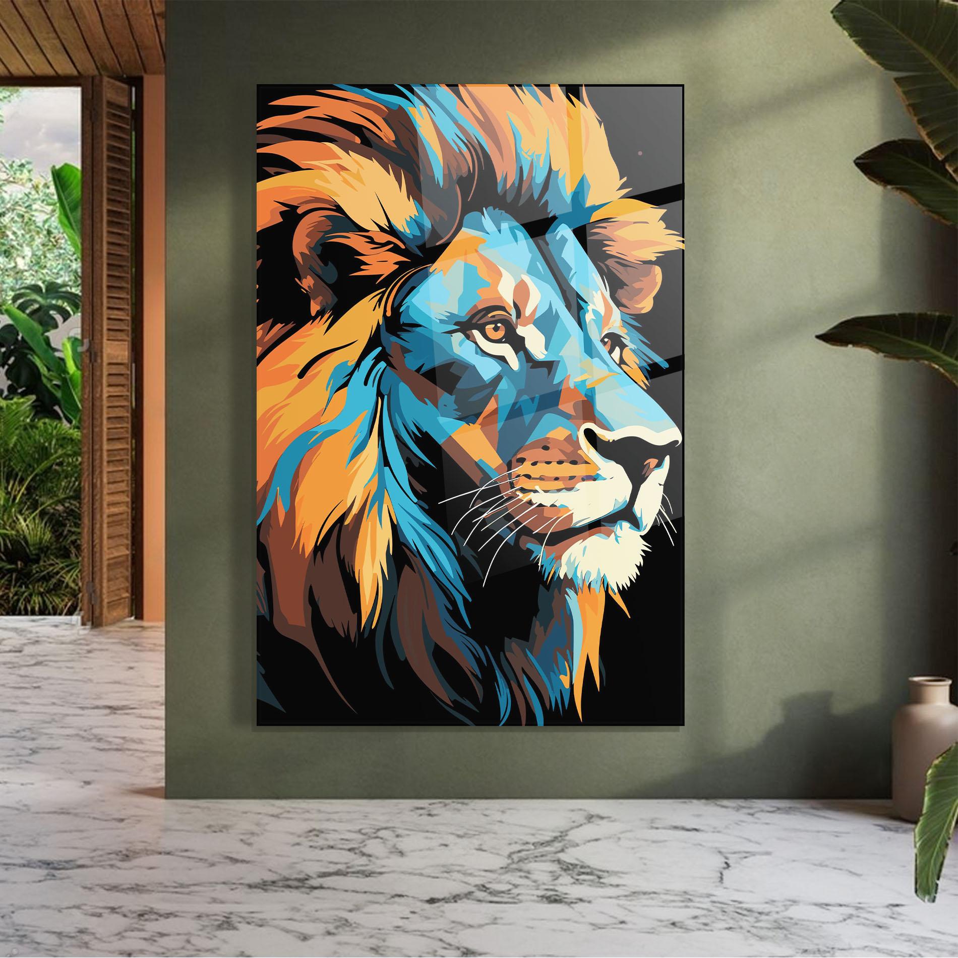 Стъклена картина Blue Yellow Lion mockup 7
