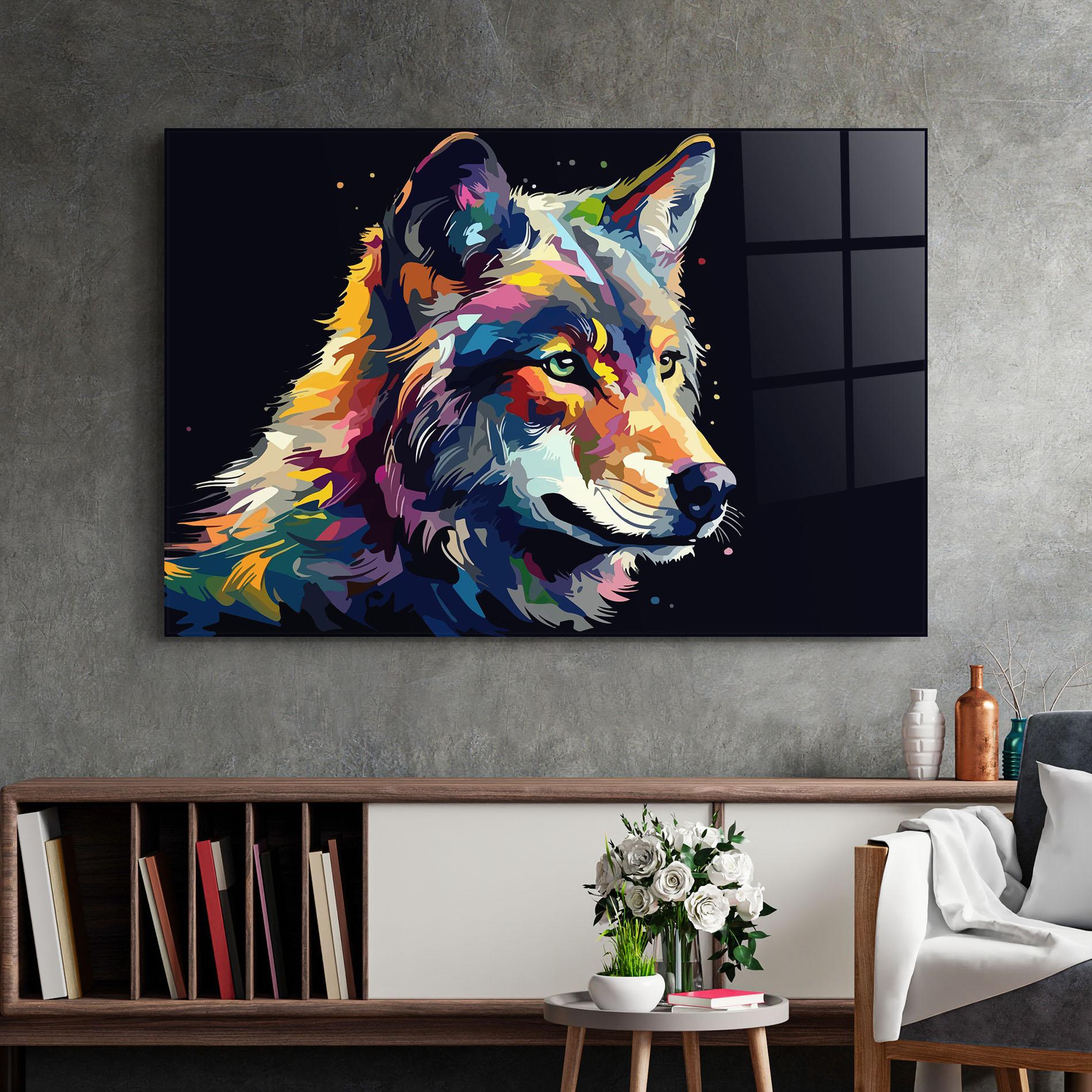 Стъклена картина Painted Wolf mockup 2