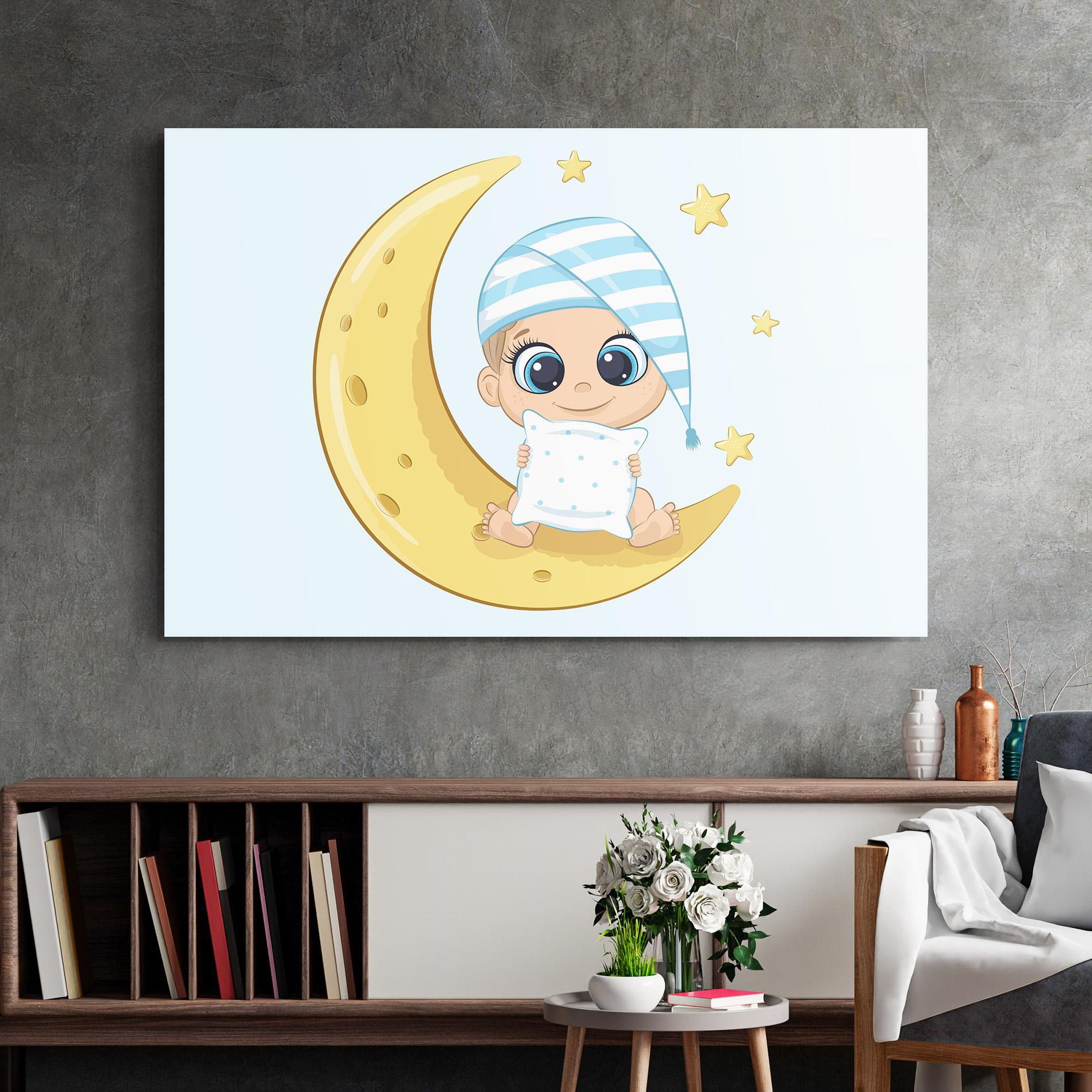 Стъклена картина Baby On Moon mockup 2