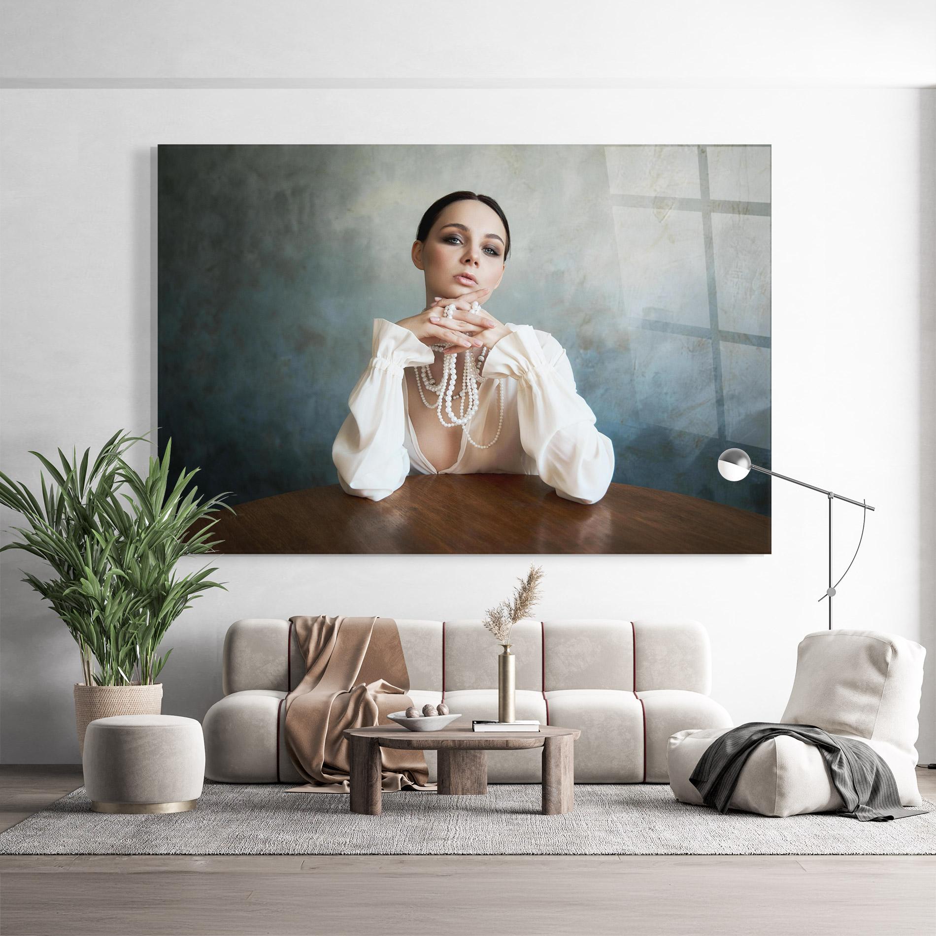 Стъклена картина Girl White Pearls mockup 9