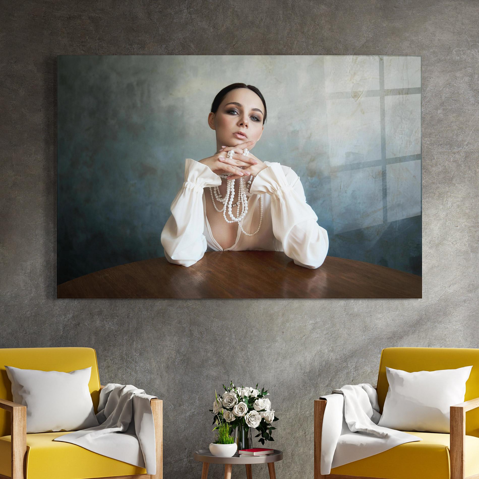 Стъклена картина Girl White Pearls mockup 4