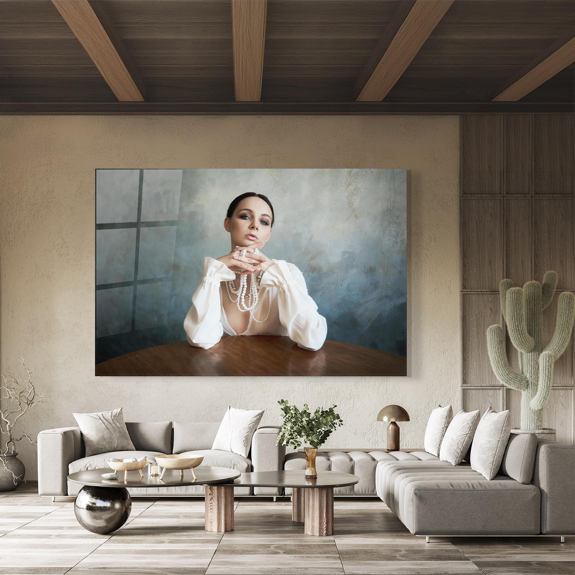 Стъклена картина Girl White Pearls mockup 8