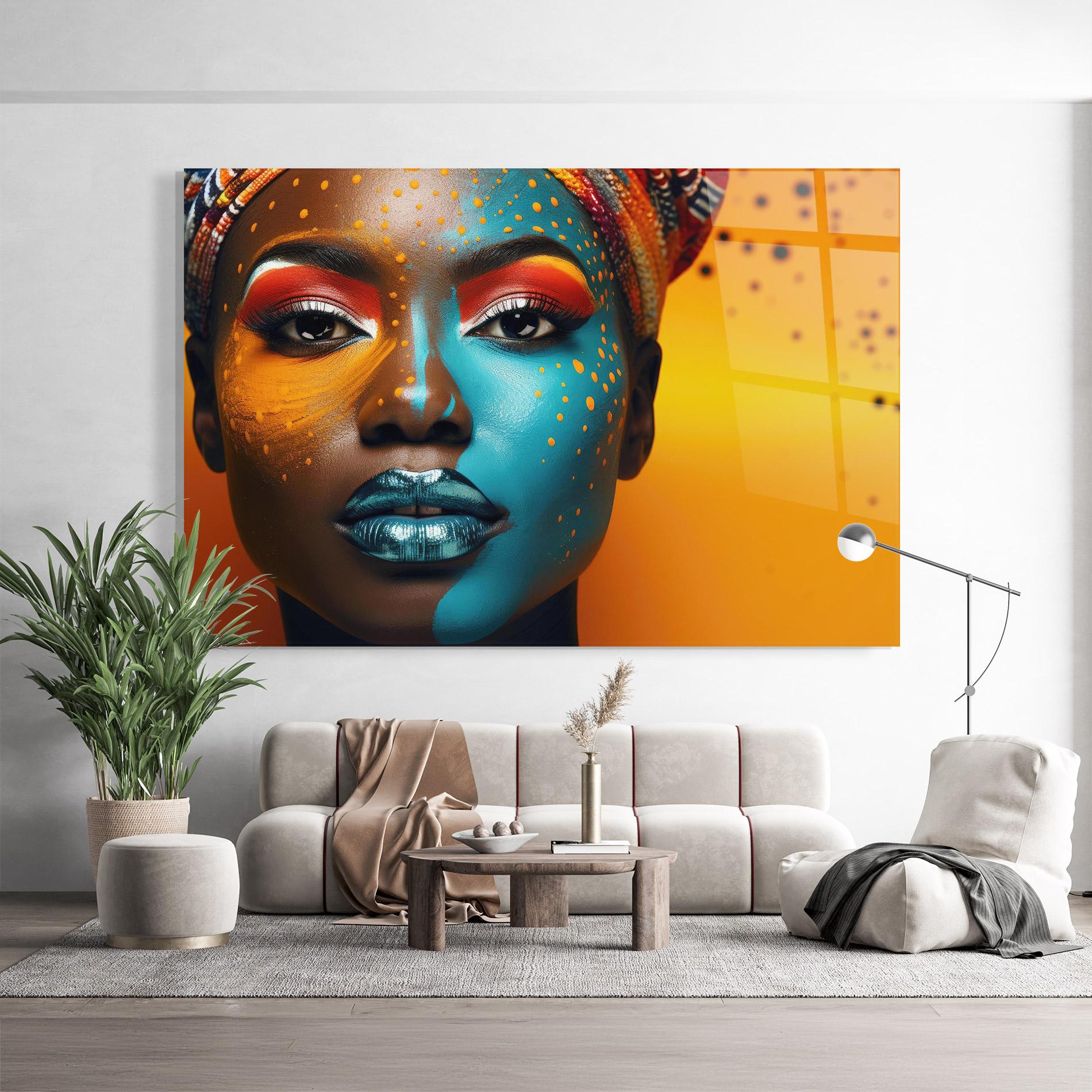 Стъклена картина Blue Brown Skin Woman mockup 9