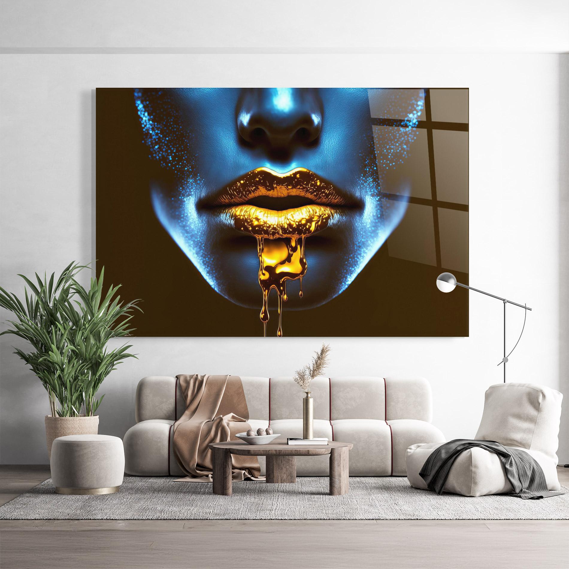 Стъклена картина Blue Gold Lips mockup 9