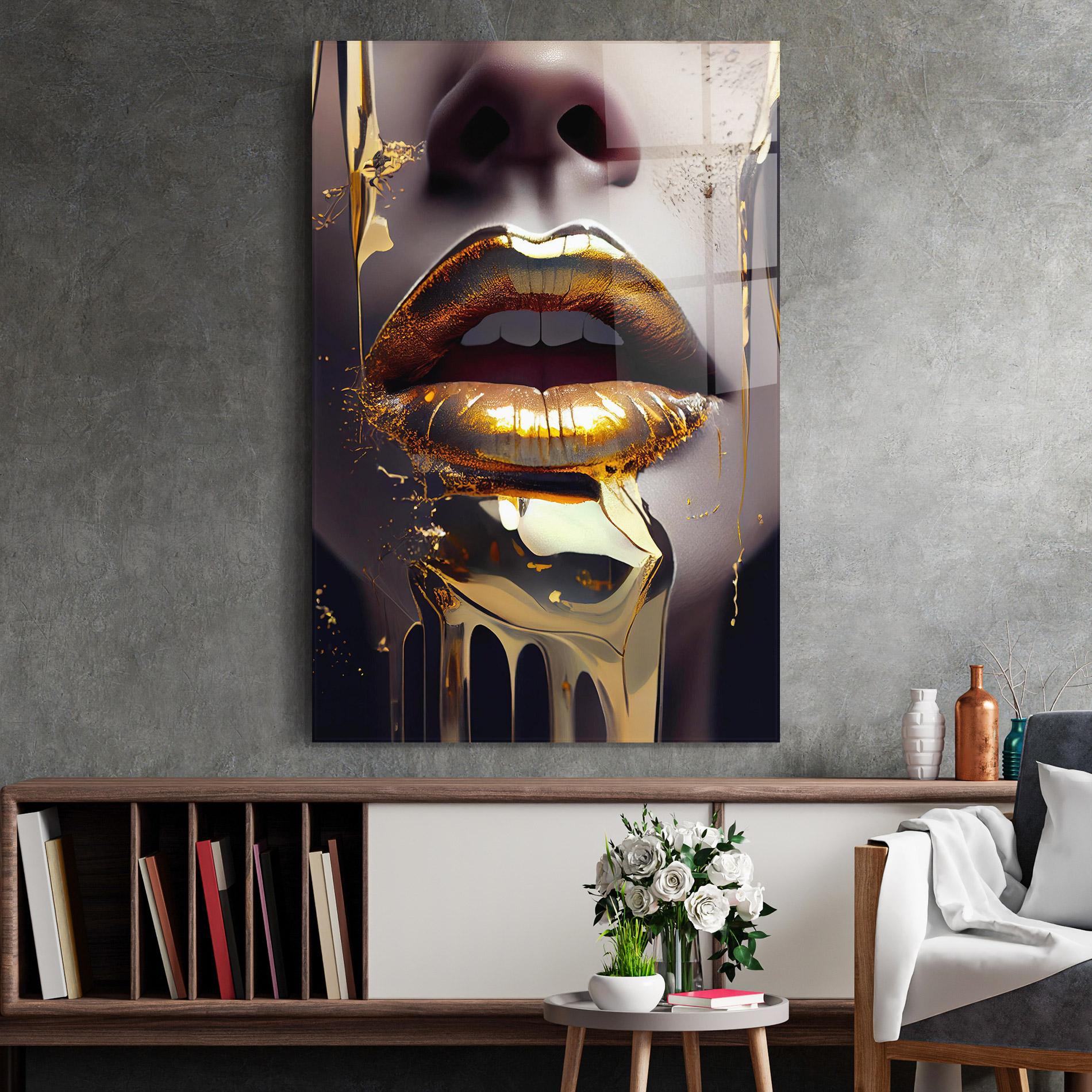 Стъклена картина Glamorous Gold Lips mockup 2