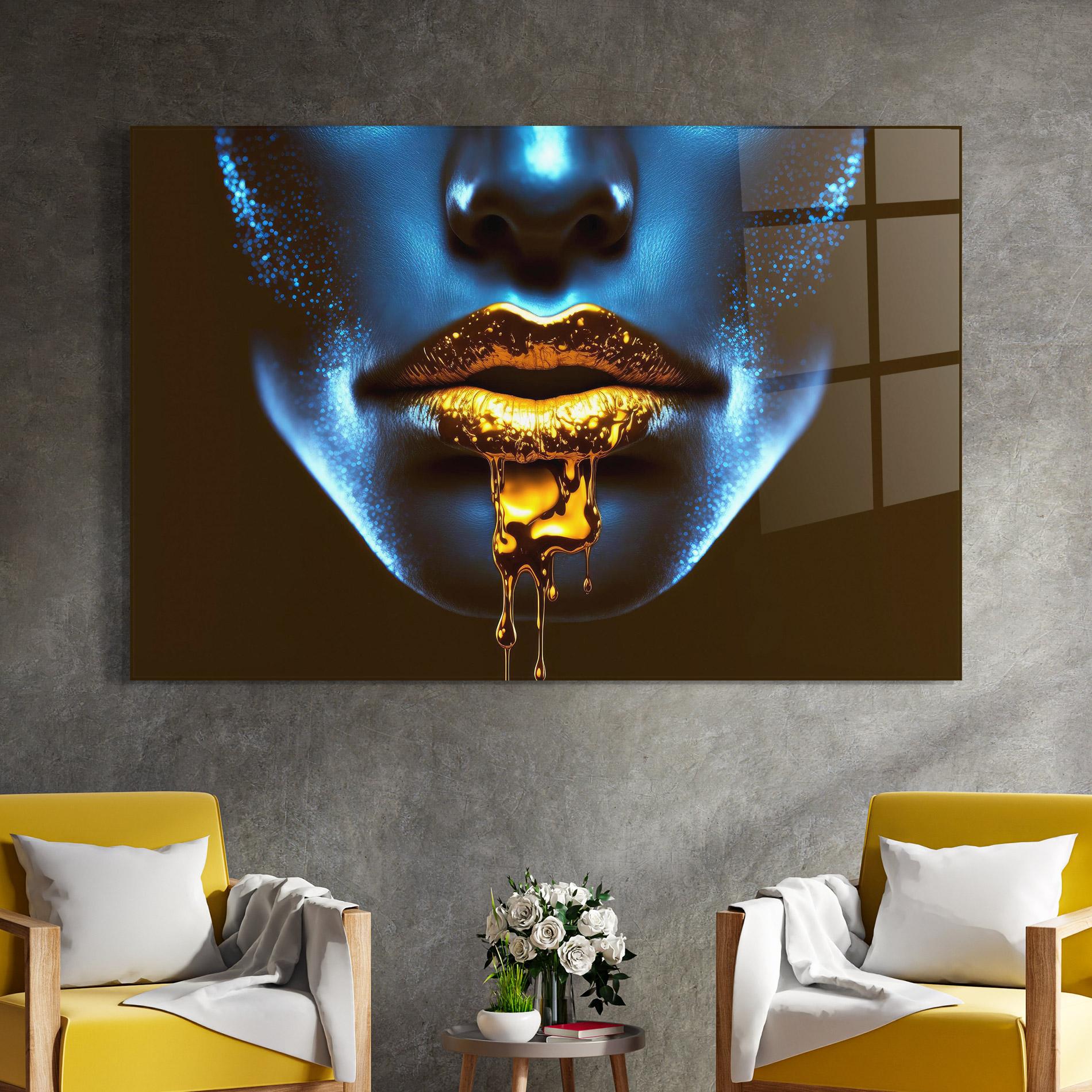 Стъклена картина Blue Gold Lips mockup 4