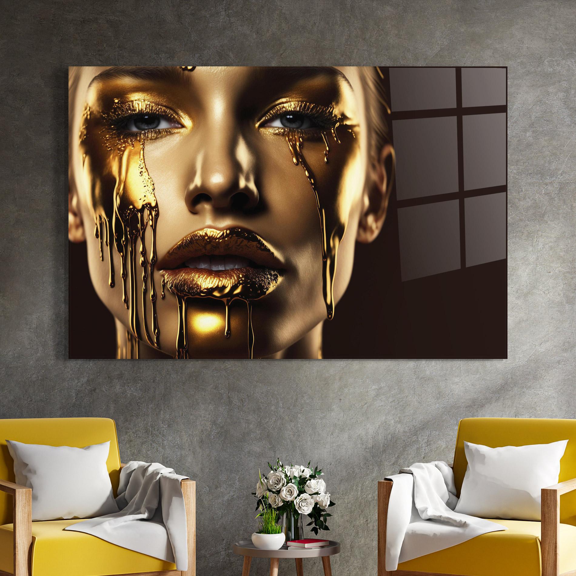 Стъклена картина Yellow Dripping Gold mockup 4