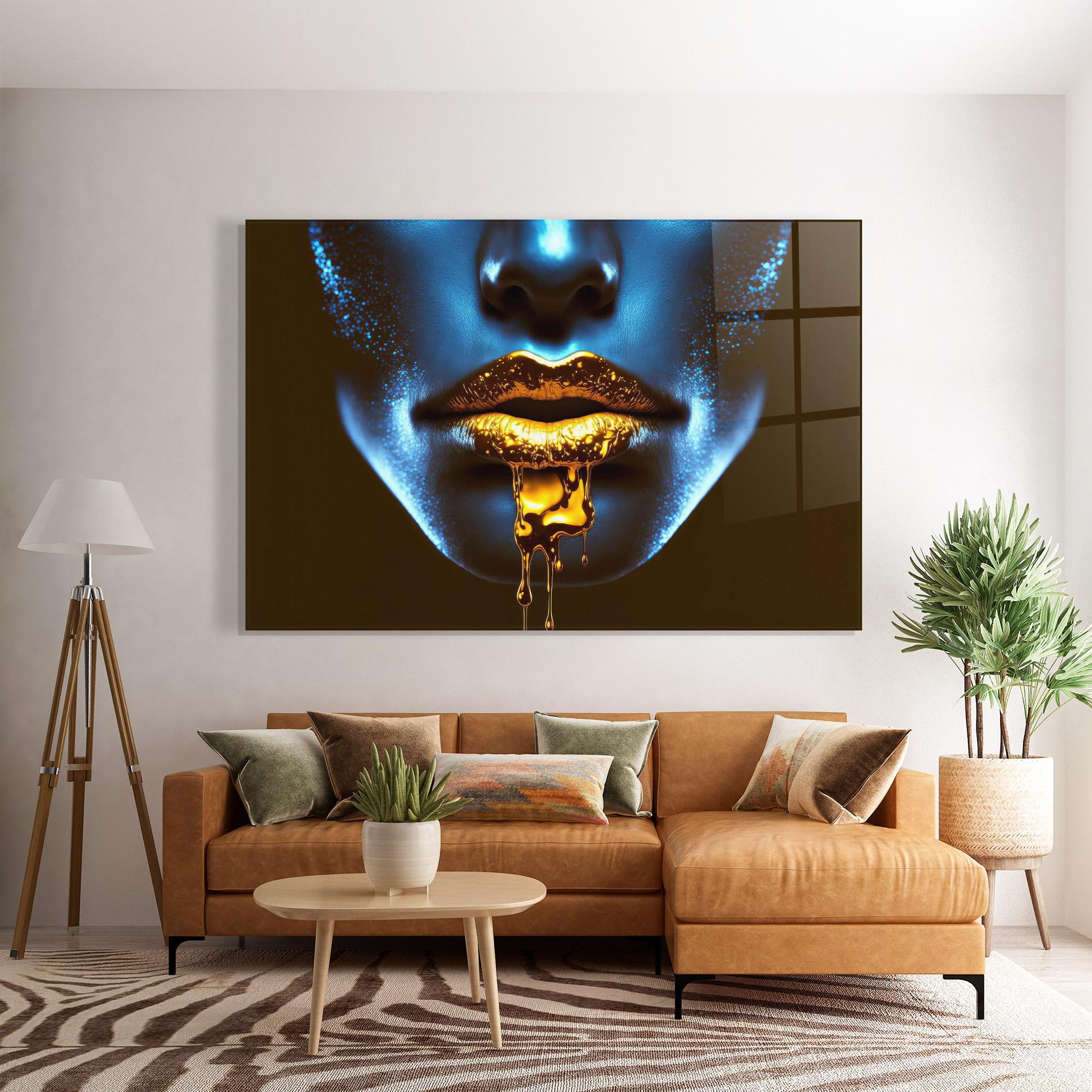 Стъклена картина Blue Gold Lips mockup 7