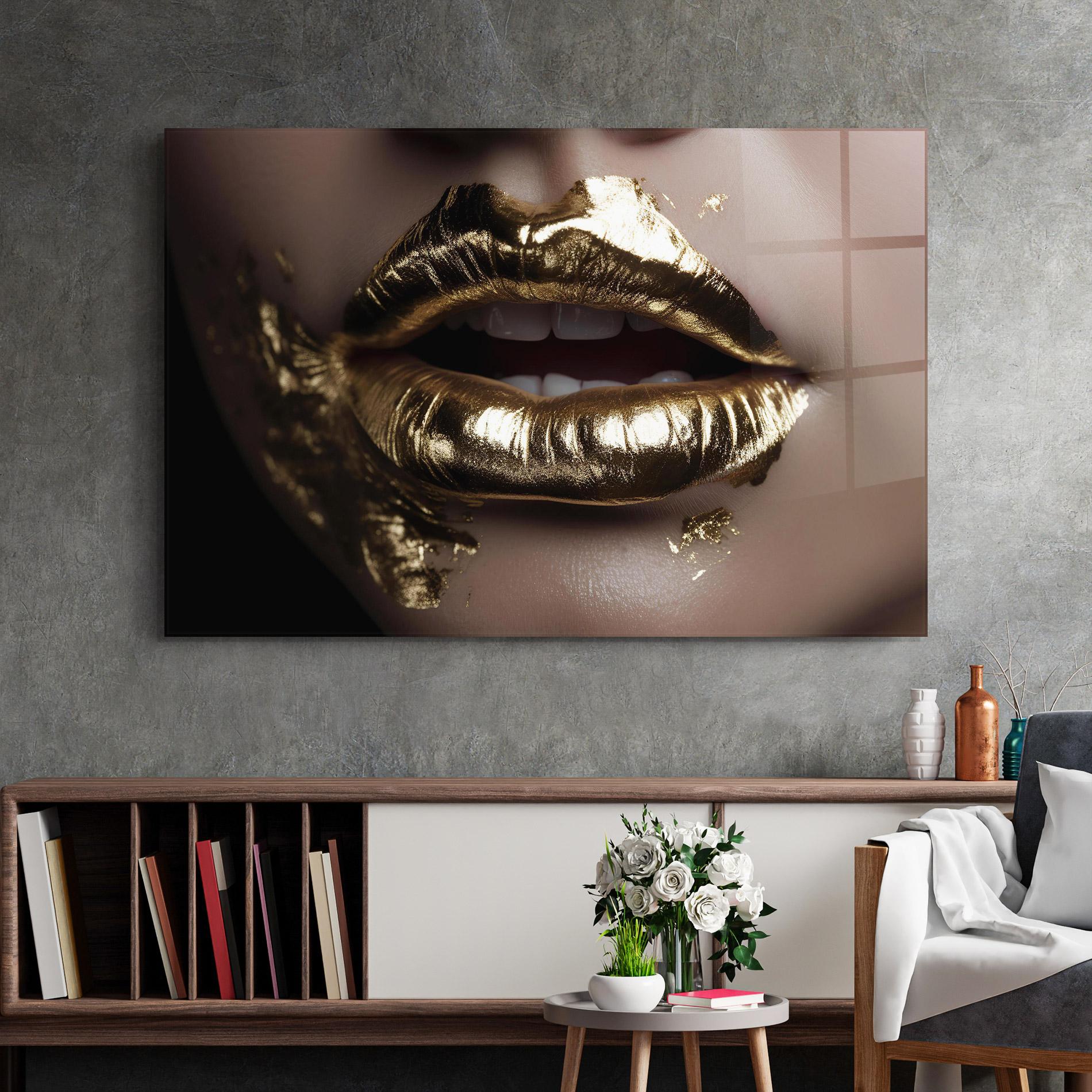 Стъклена картина Gold Lips mockup 2