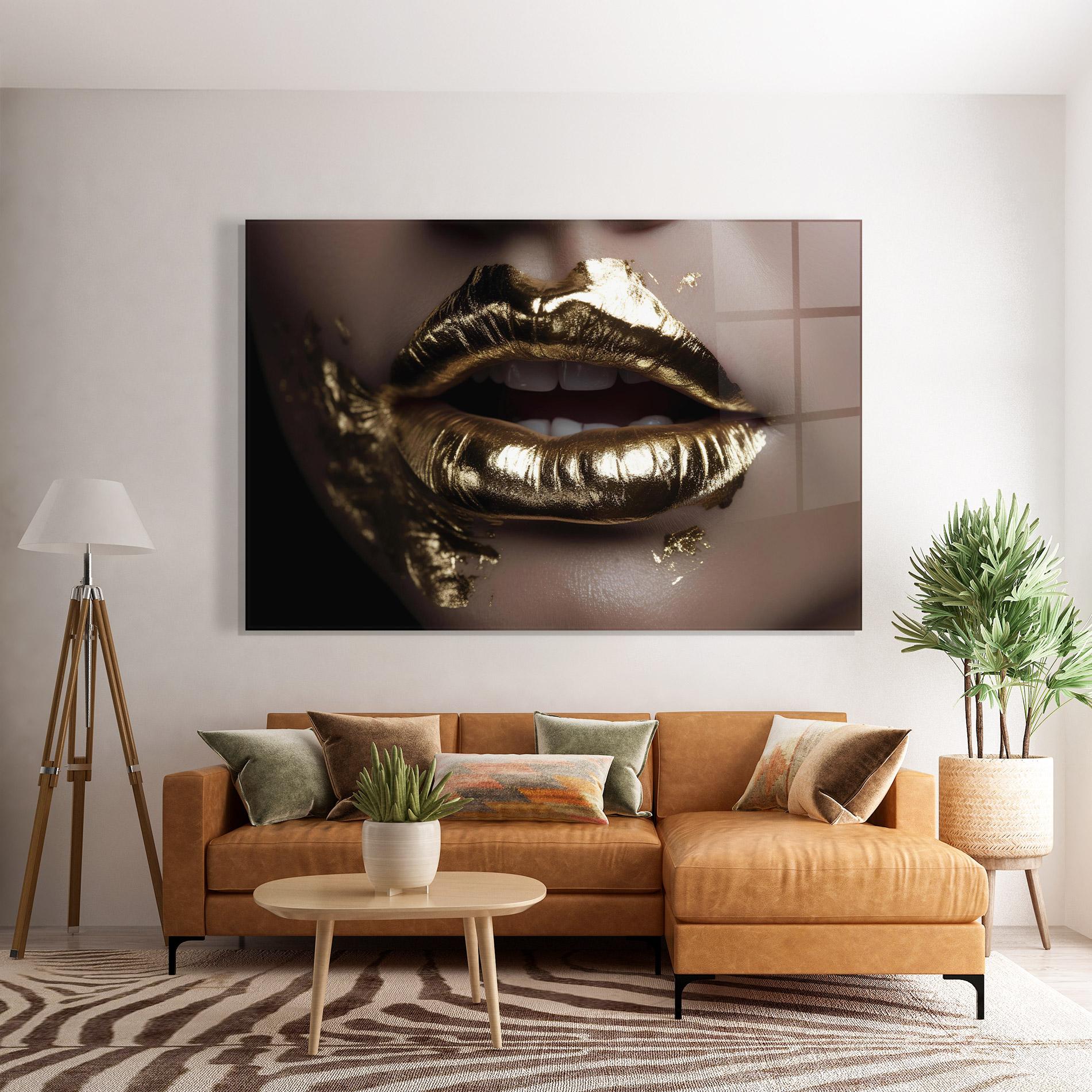 Стъклена картина Gold Lips mockup 7