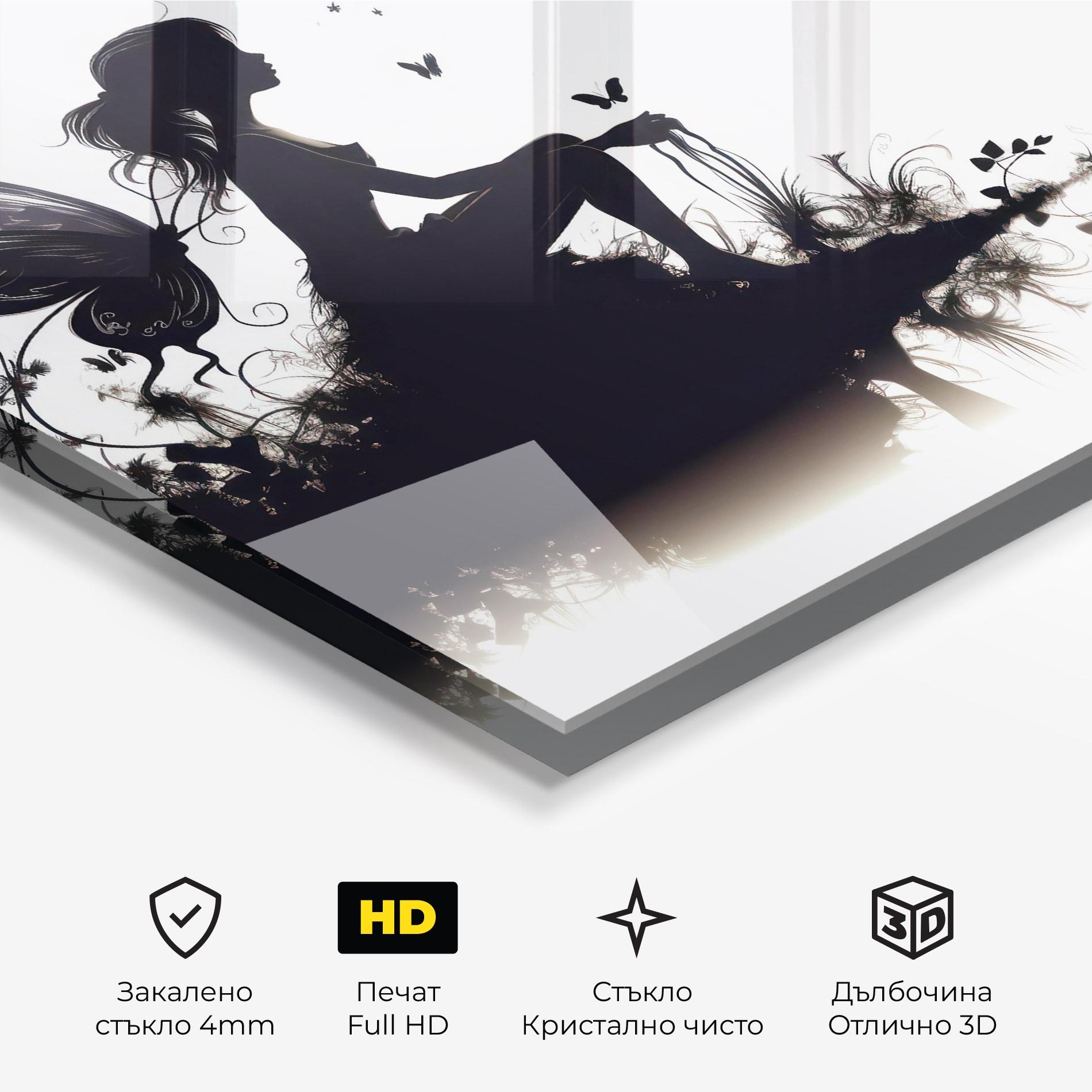 Стъклена картина Butterfly Woman Shilouette mockup 3