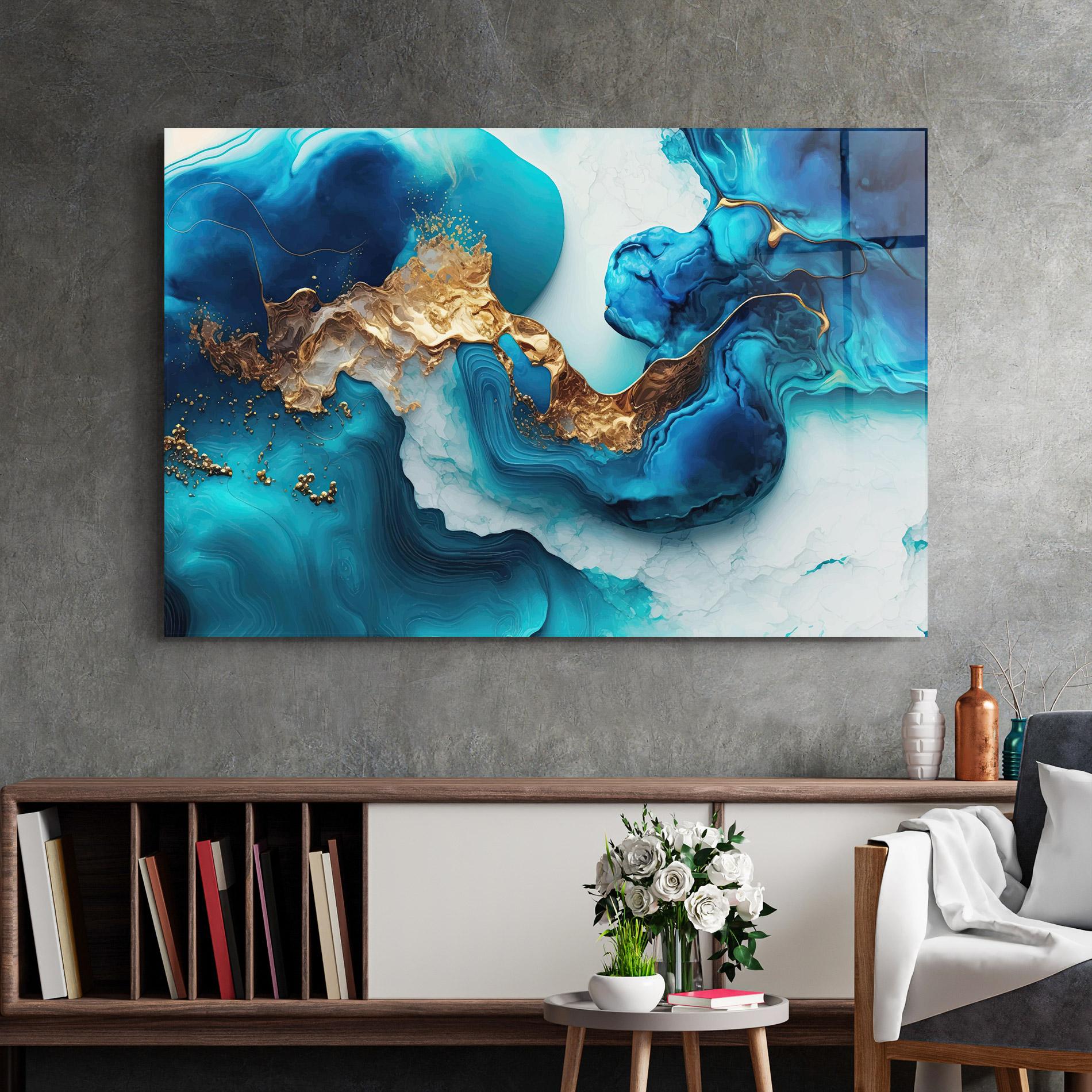 Стъклена картина Gold Blue Art Wave mockup 2