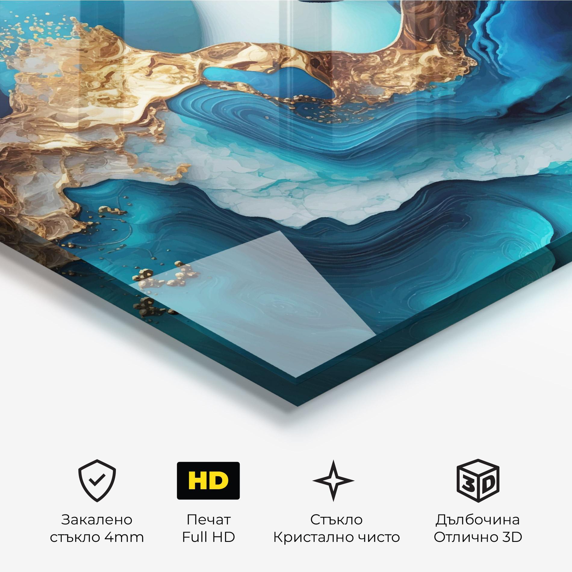 Стъклена картина Gold Blue Art Wave mockup 3