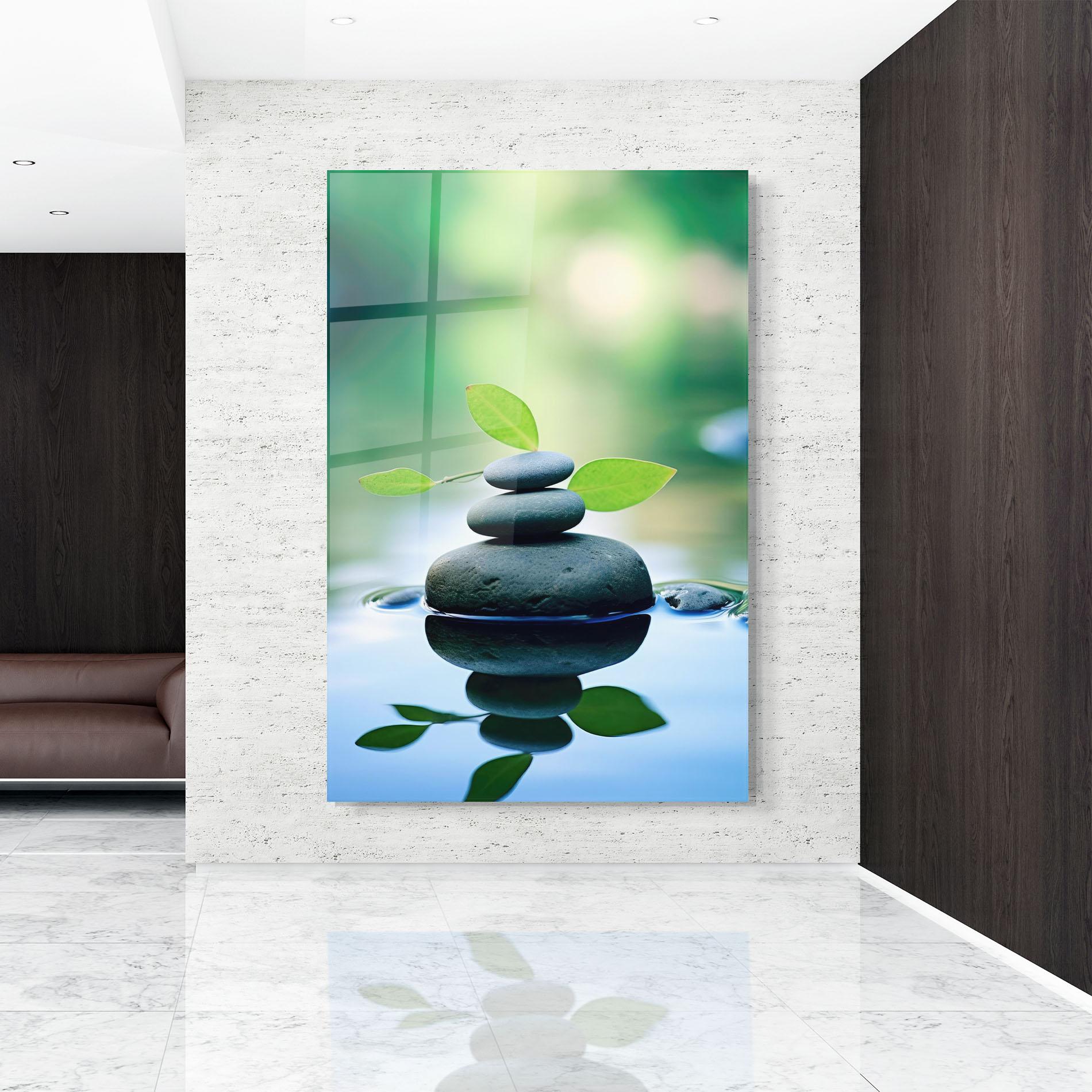 Стъклена картина Stones Green Leaves mockup 9