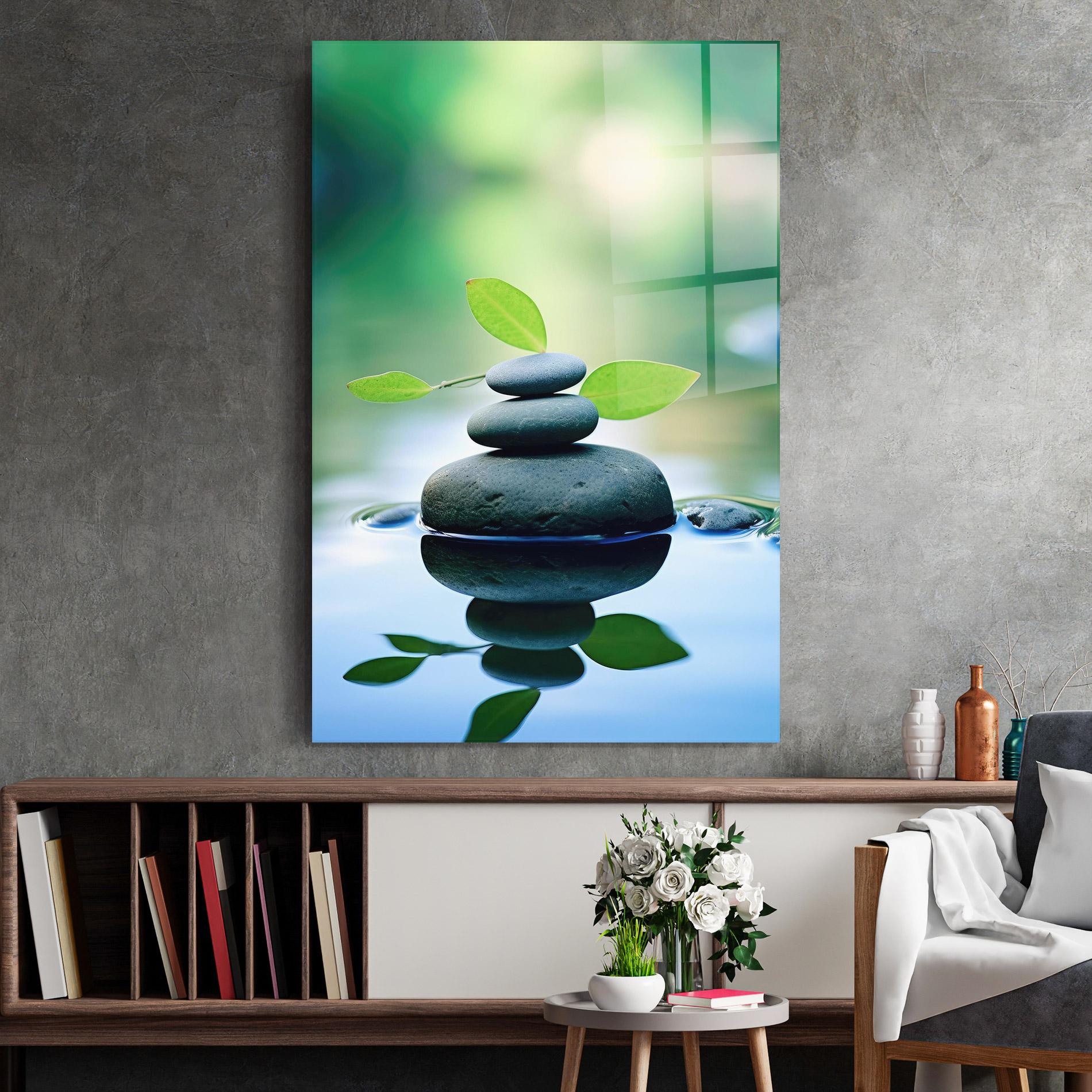 Стъклена картина Stones Green Leaves mockup 2