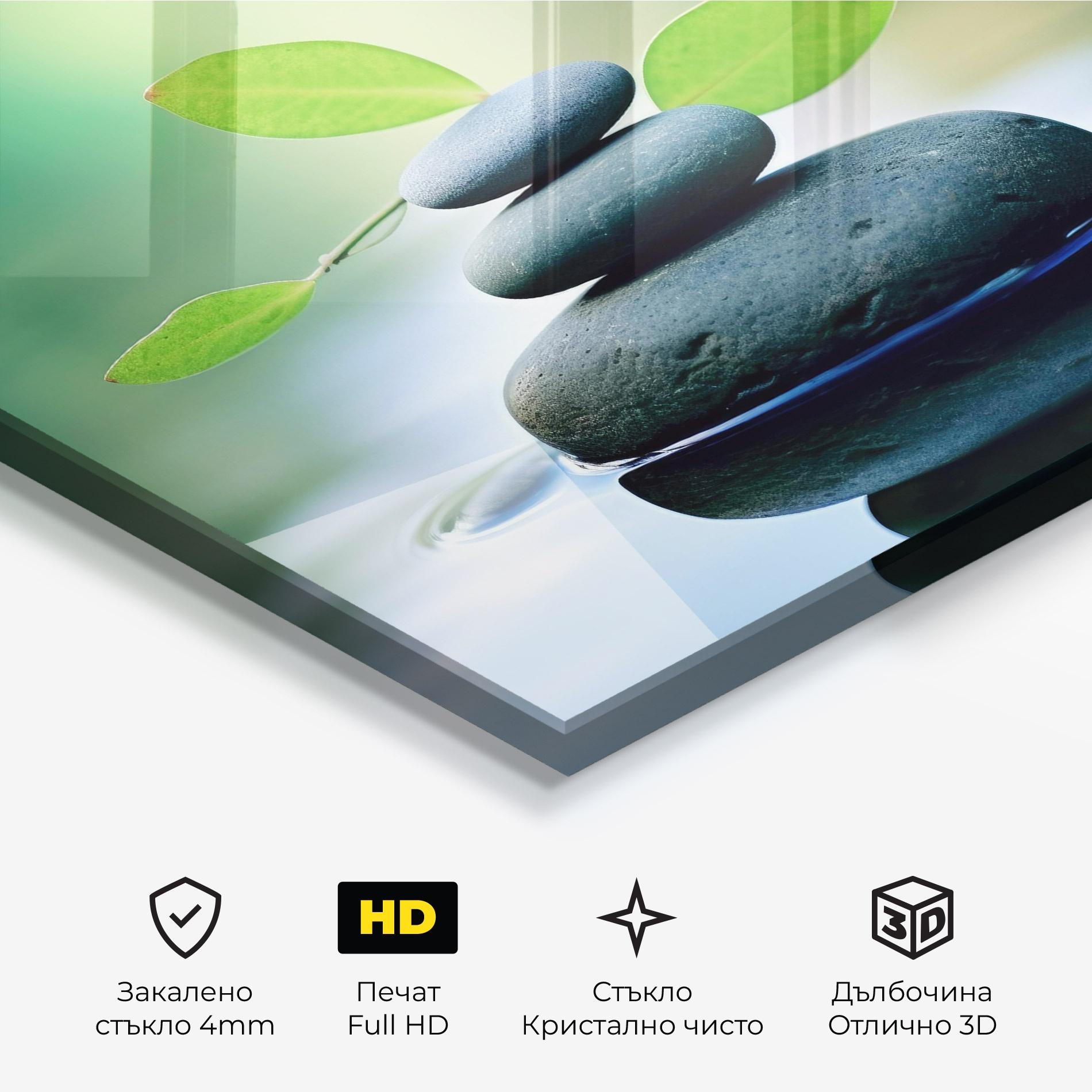 Стъклена картина Stones Green Leaves mockup 3