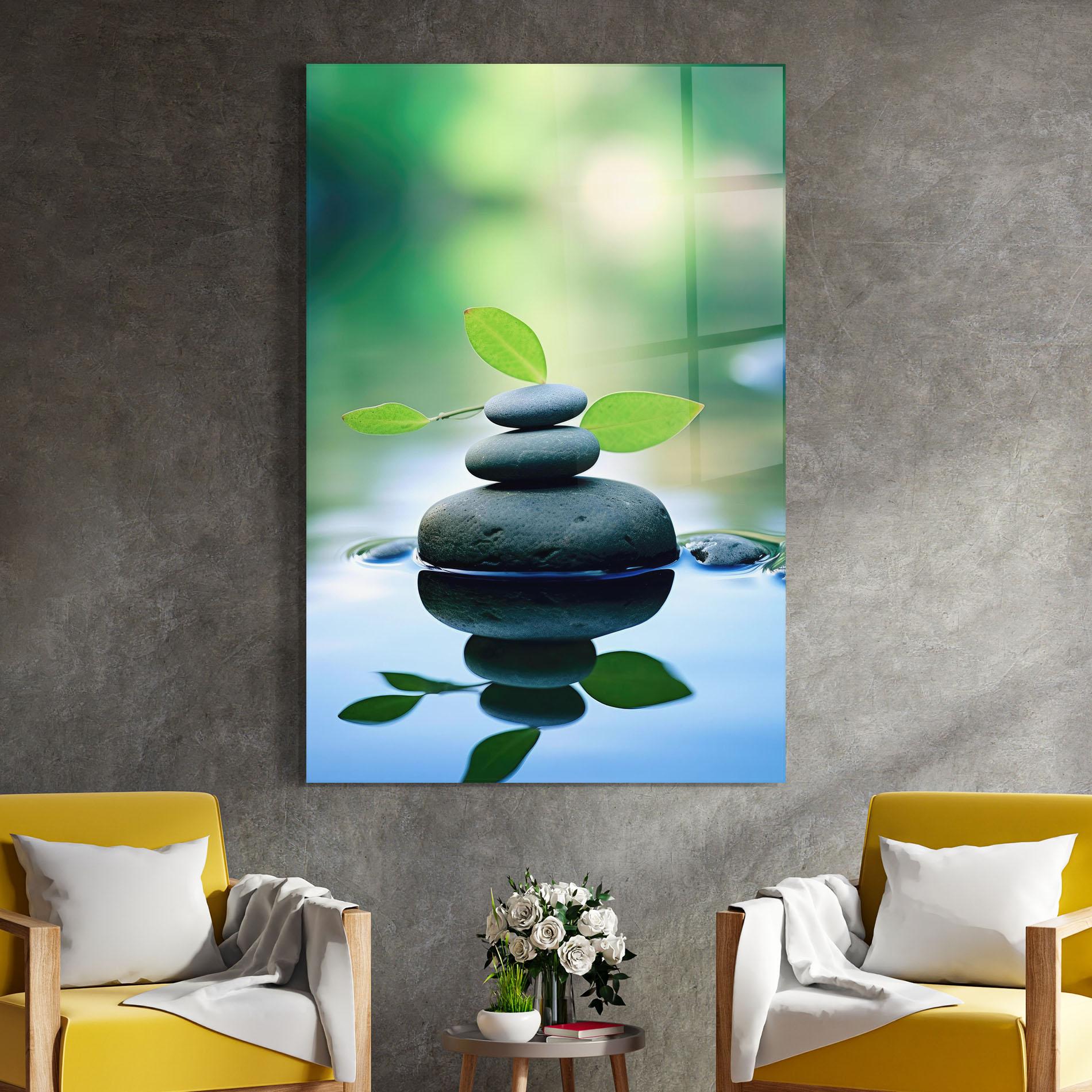 Стъклена картина Stones Green Leaves mockup 4