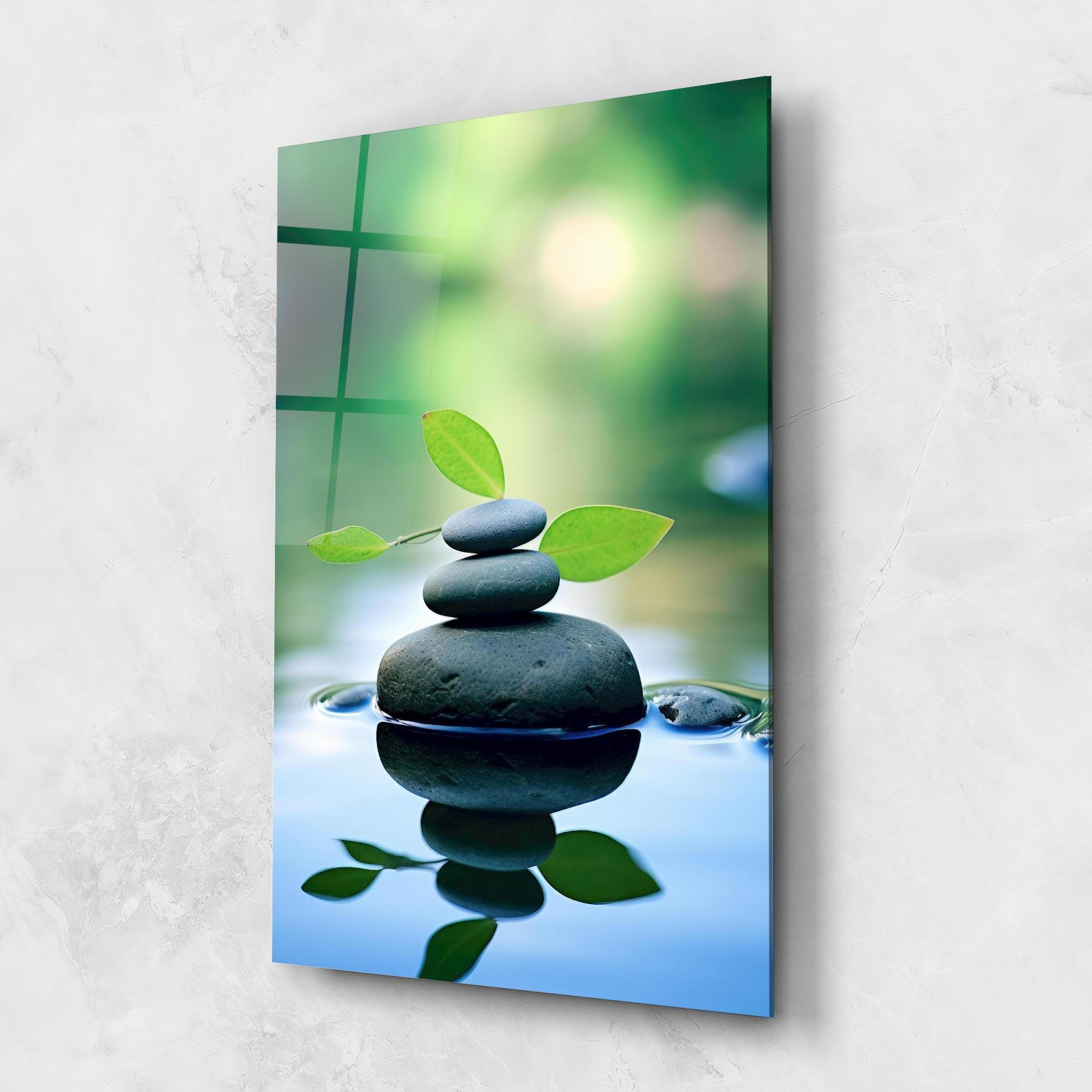 Стъклена картина Stones Green Leaves mockup 1