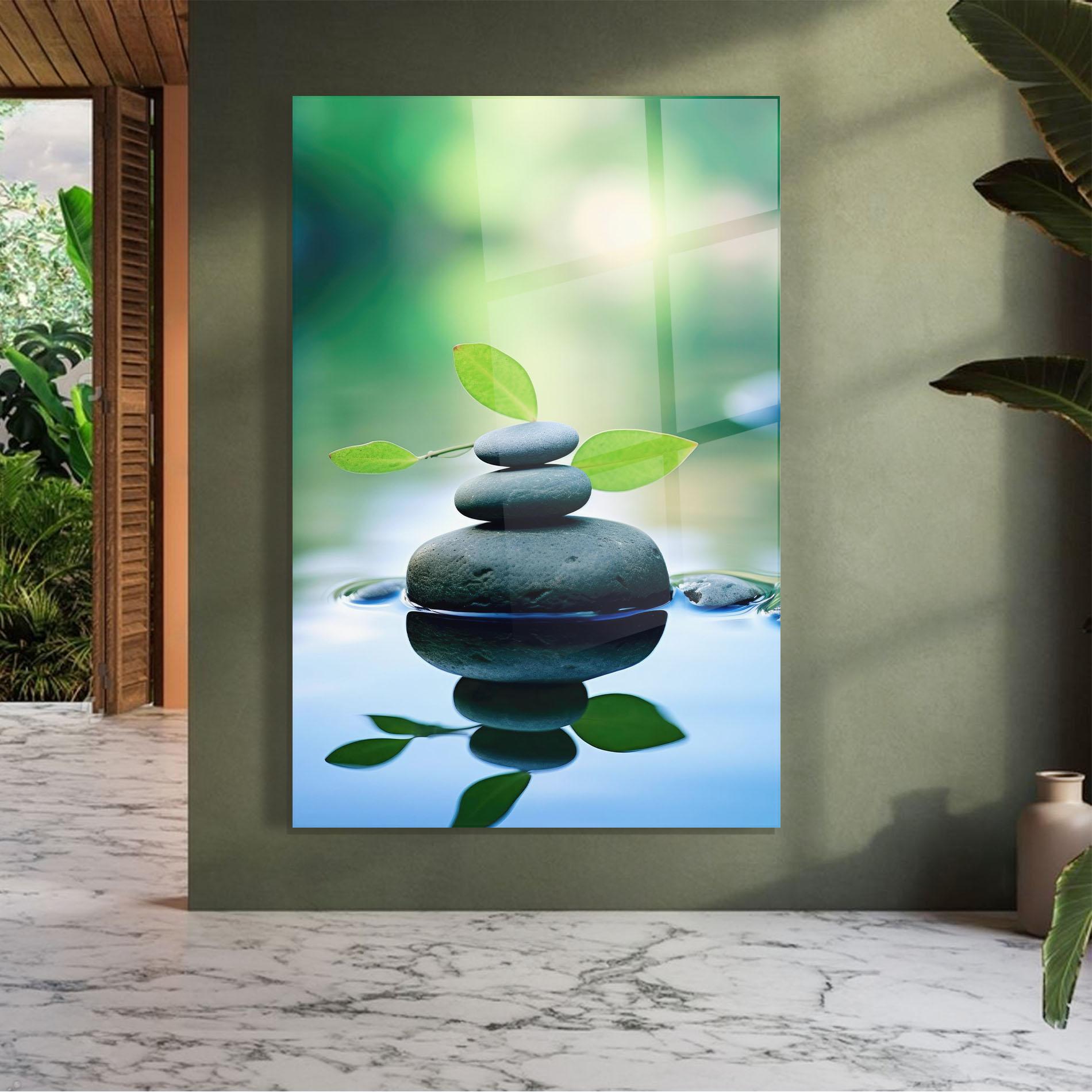 Стъклена картина Stones Green Leaves mockup 7