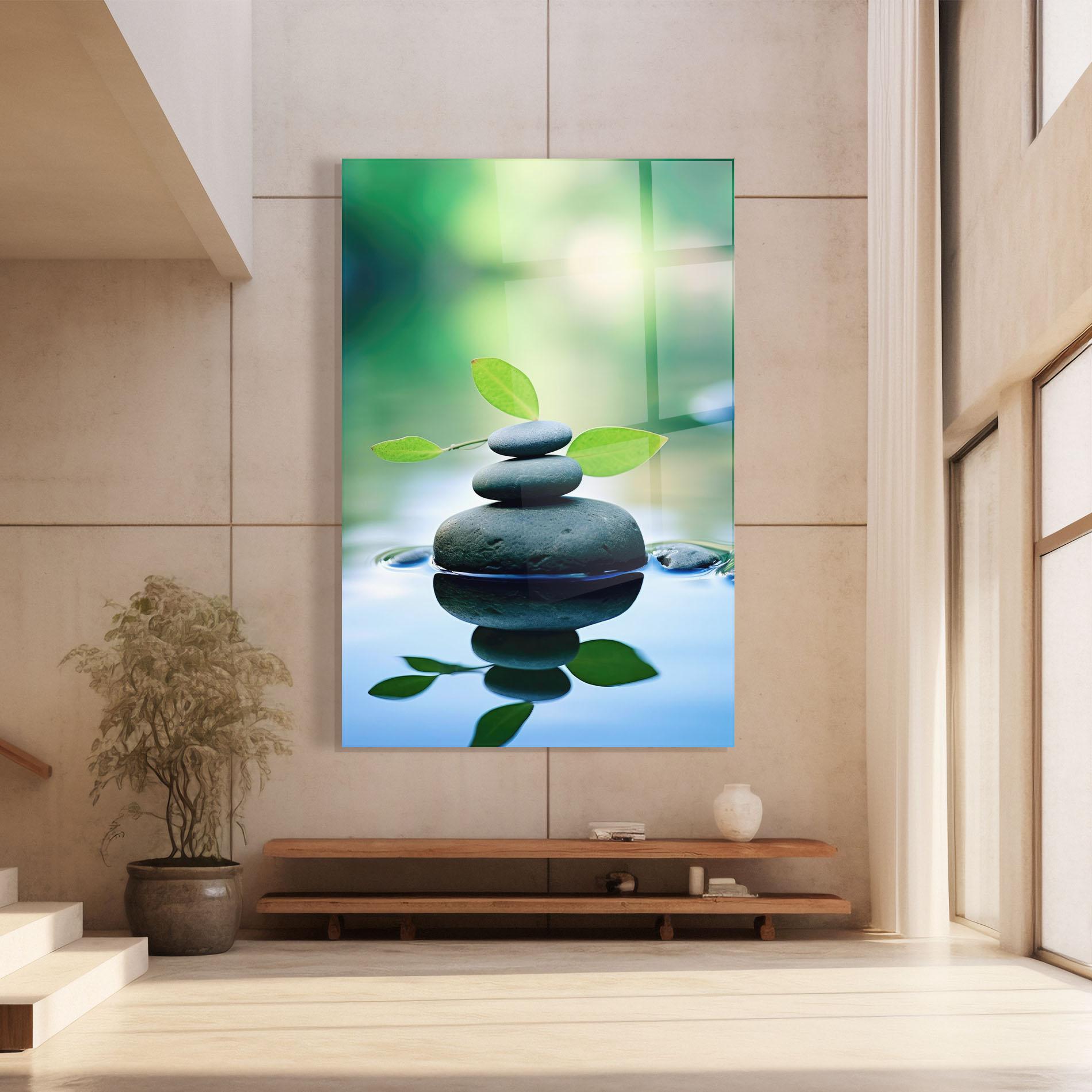 Стъклена картина Stones Green Leaves mockup 8