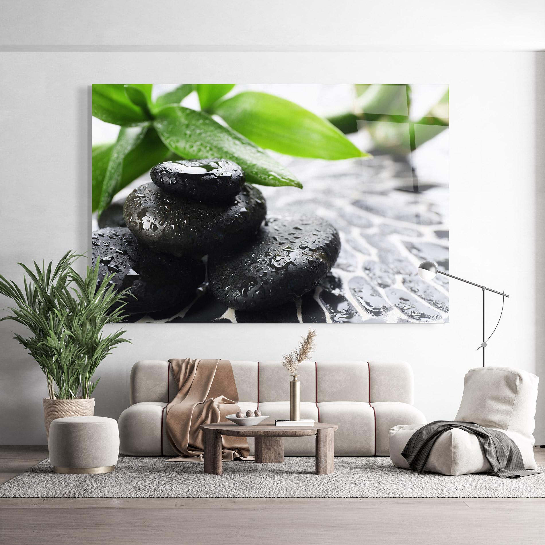 Стъклена картина Bamboo Branch Stones mockup 9