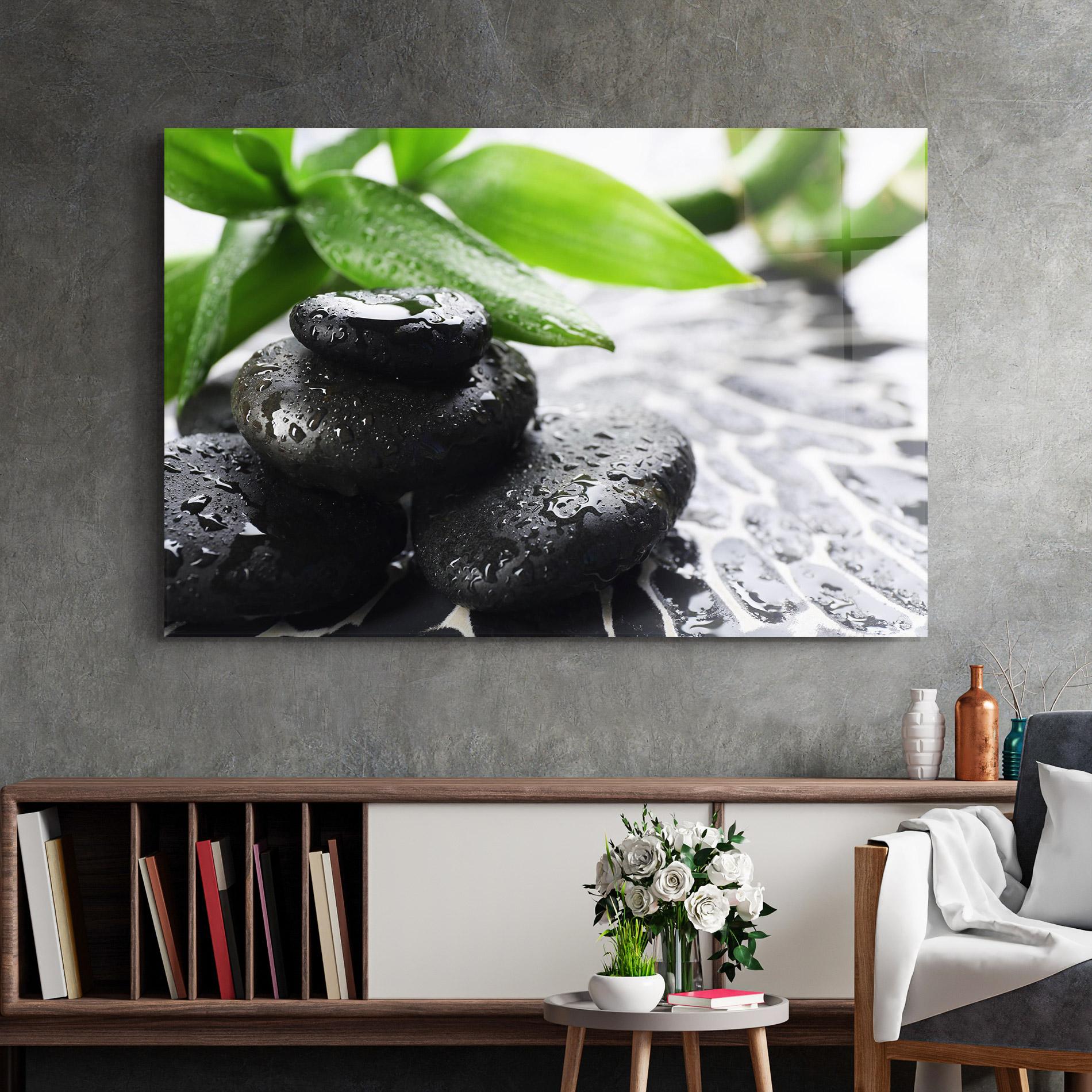 Стъклена картина Bamboo Branch Stones mockup 2