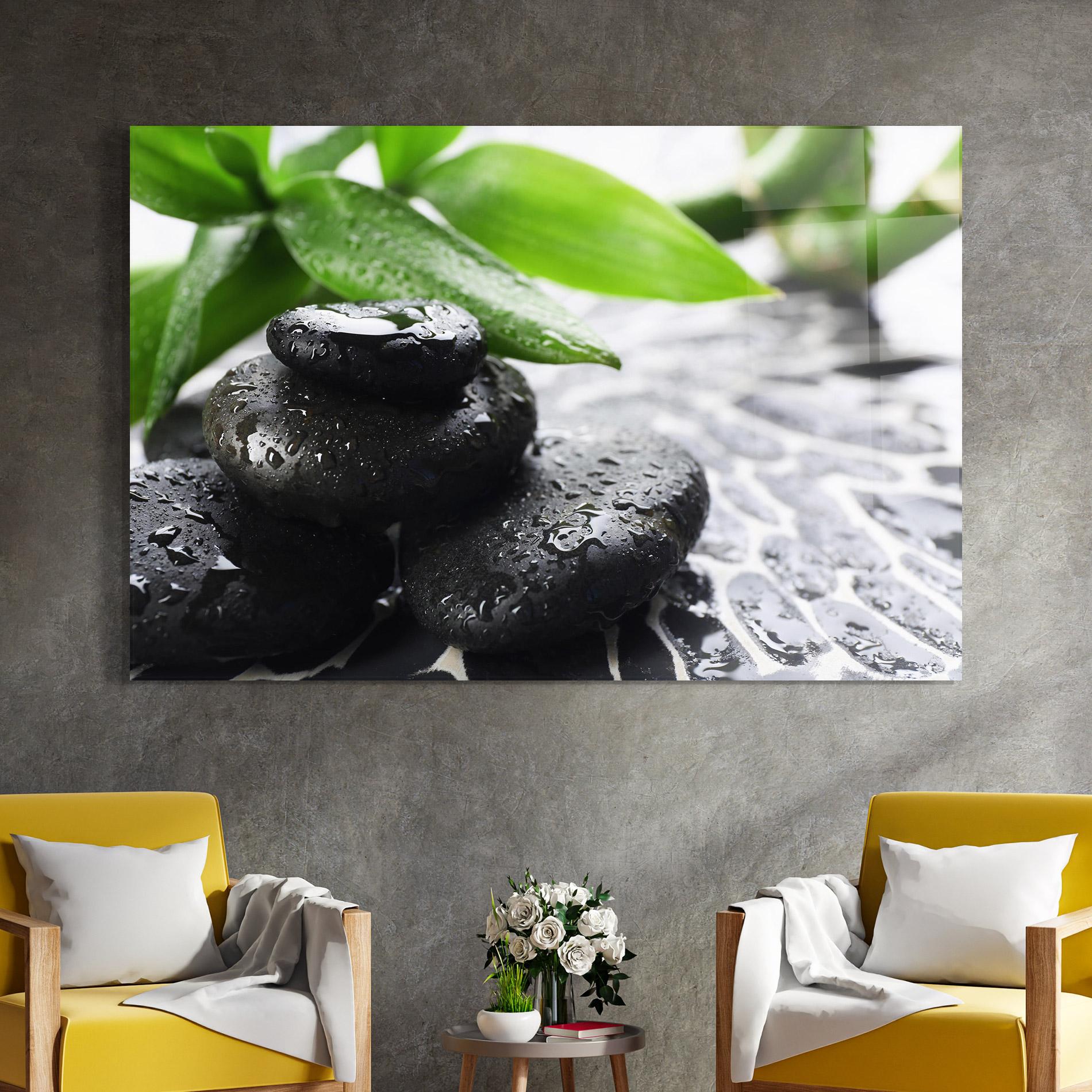 Стъклена картина Bamboo Branch Stones mockup 4