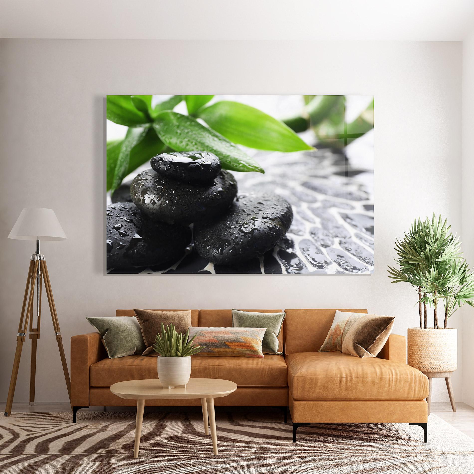 Стъклена картина Bamboo Branch Stones mockup 7