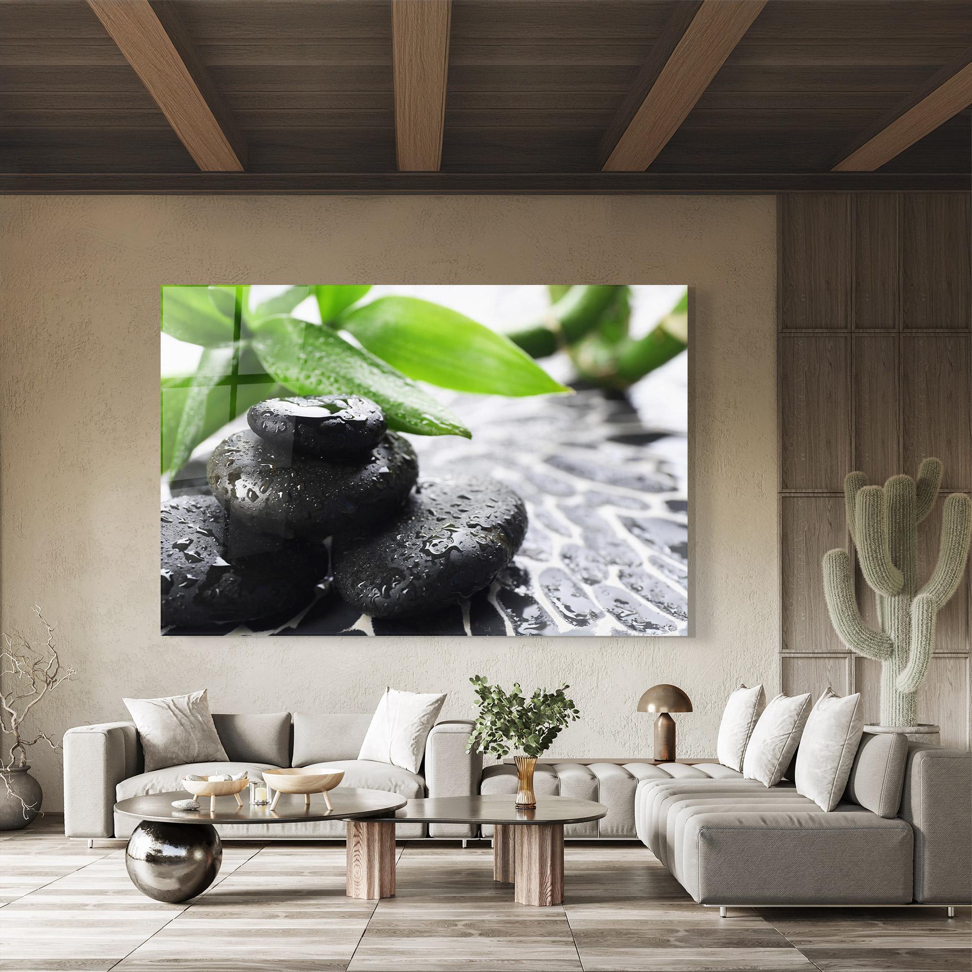 Стъклена картина Bamboo Branch Stones mockup 8