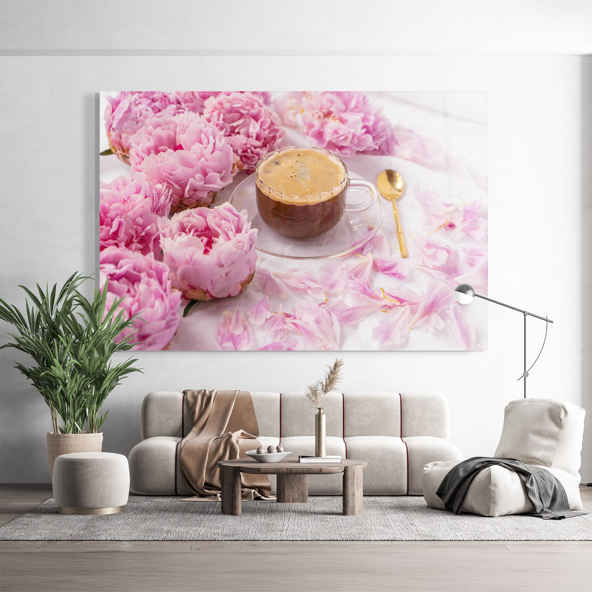 Стъклена картина Peony And Coffee mockup 9