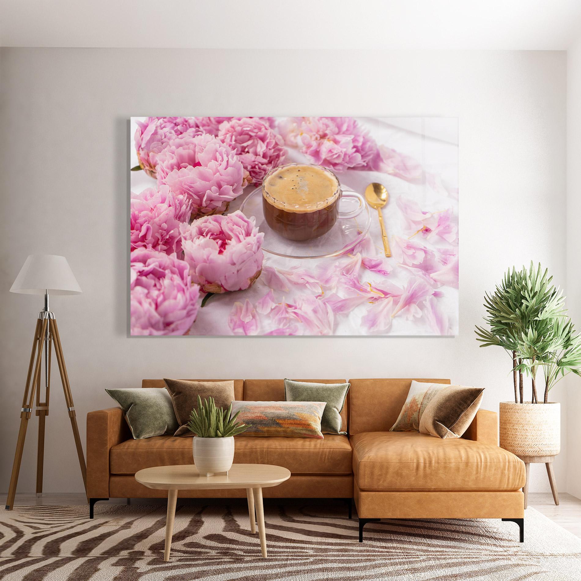 Стъклена картина Peony And Coffee mockup 7