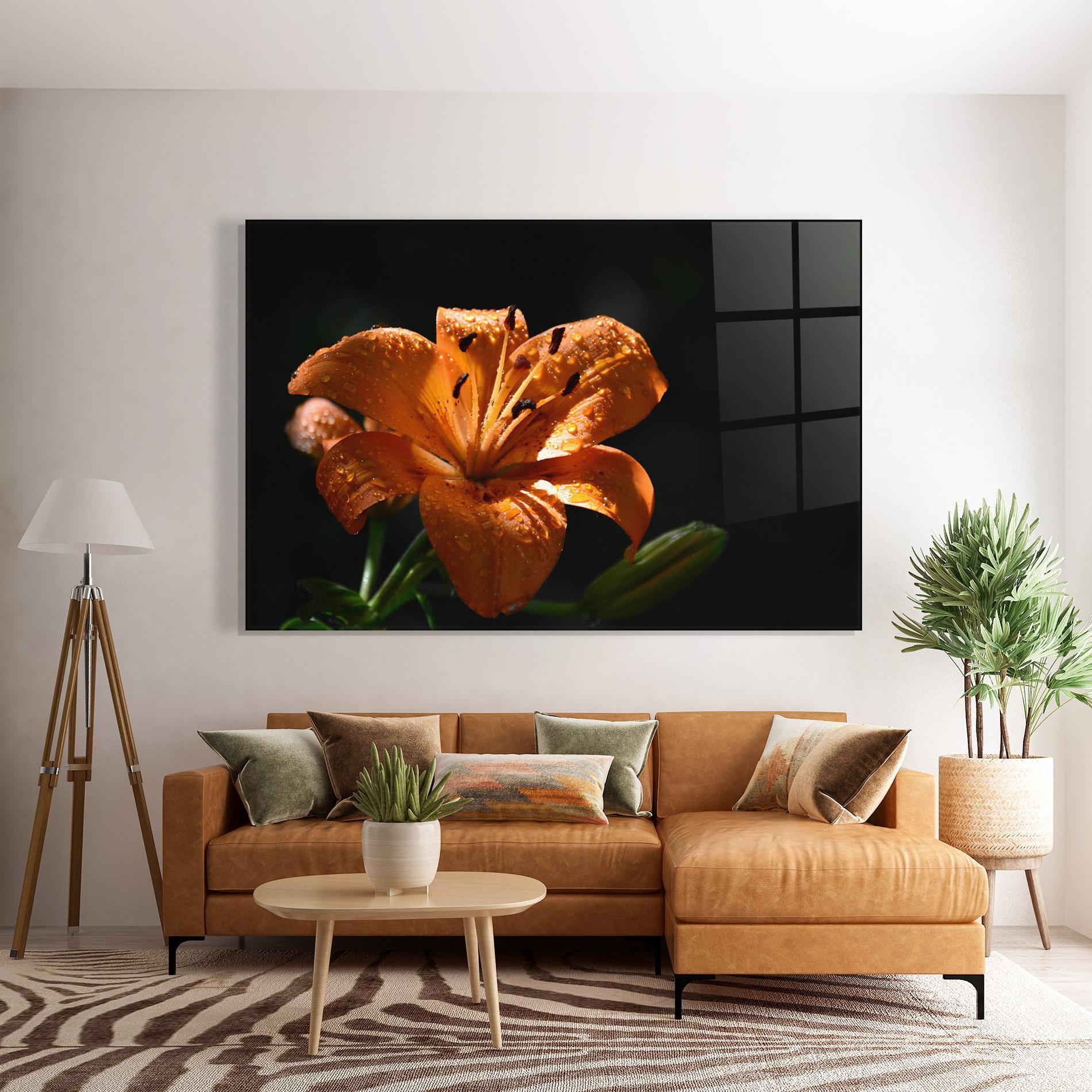 Стъклена картина Open Orange Lily On Black mockup 7