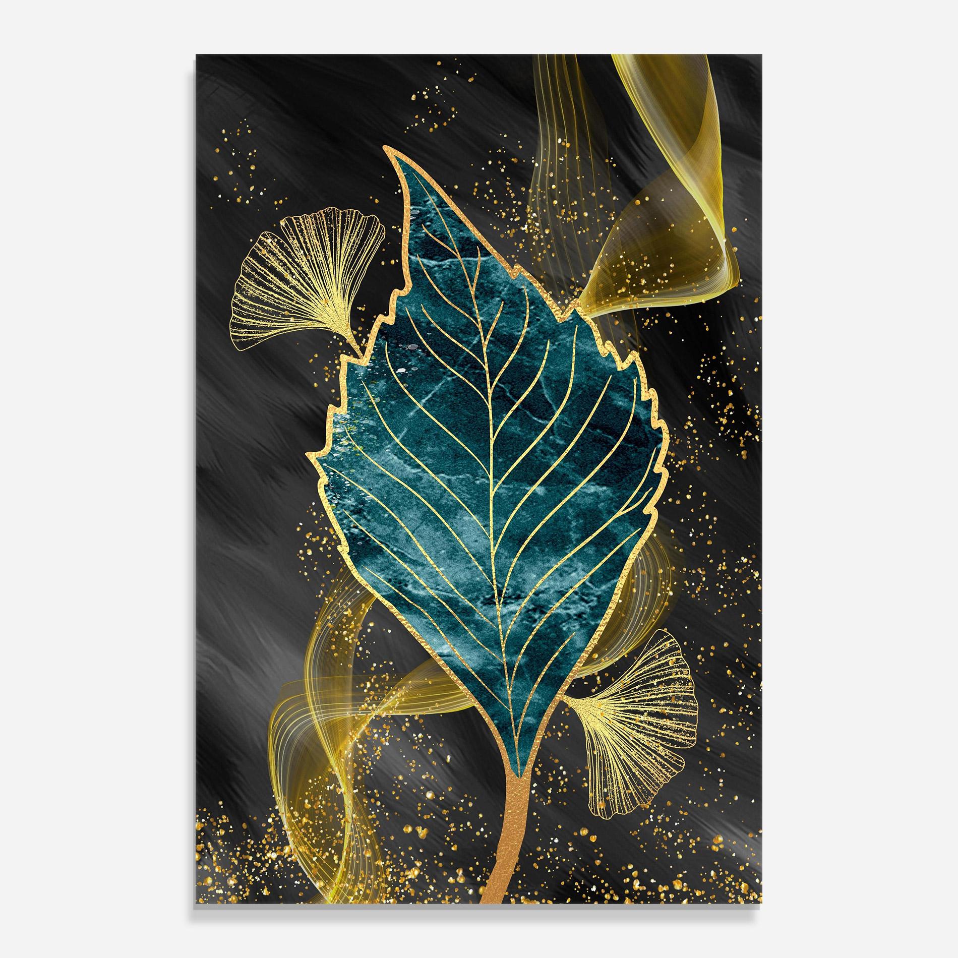 Стъклена картина Golden Leaves Blue mockup 0