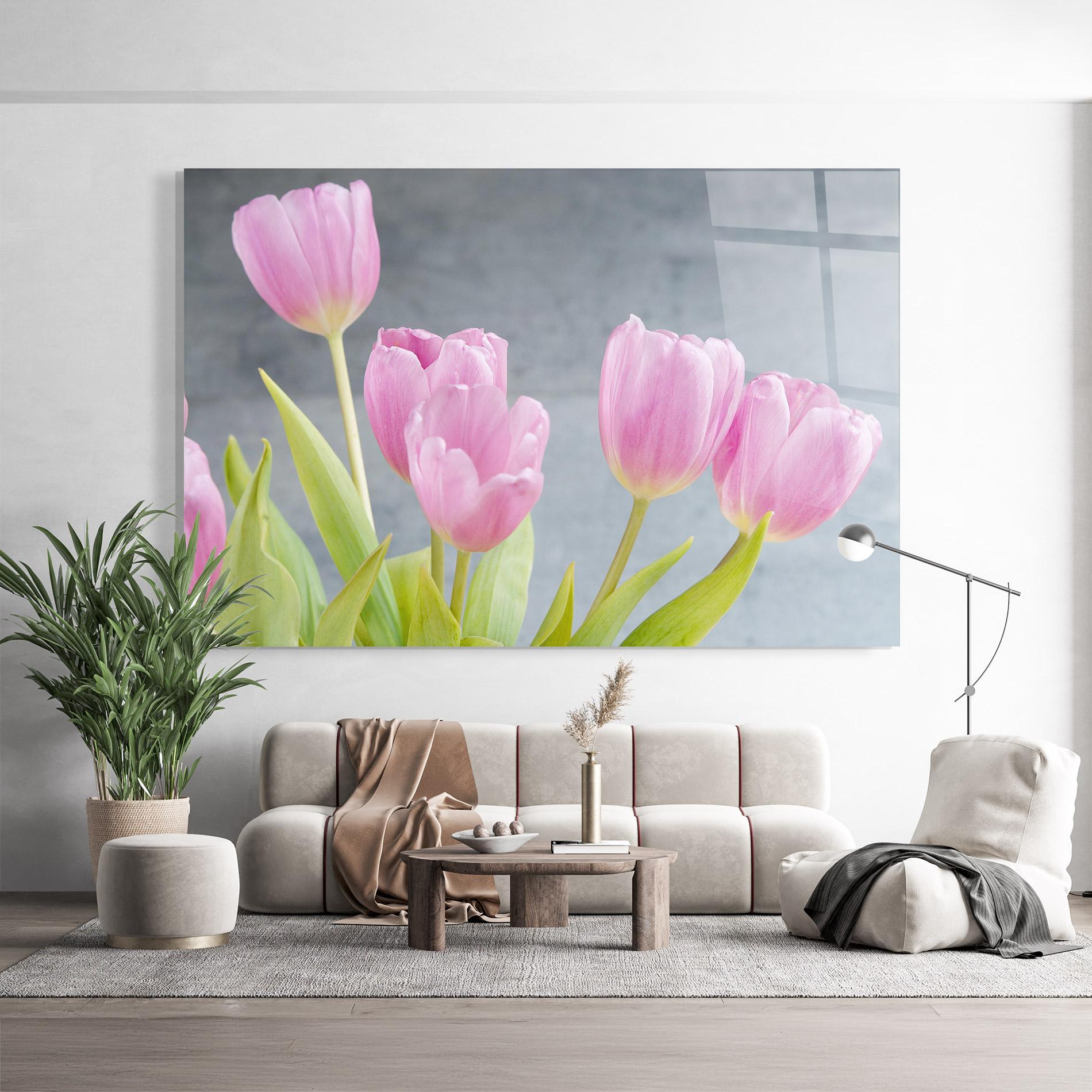 Стъклена картина Pink Pastel Tulip On Grey mockup 9