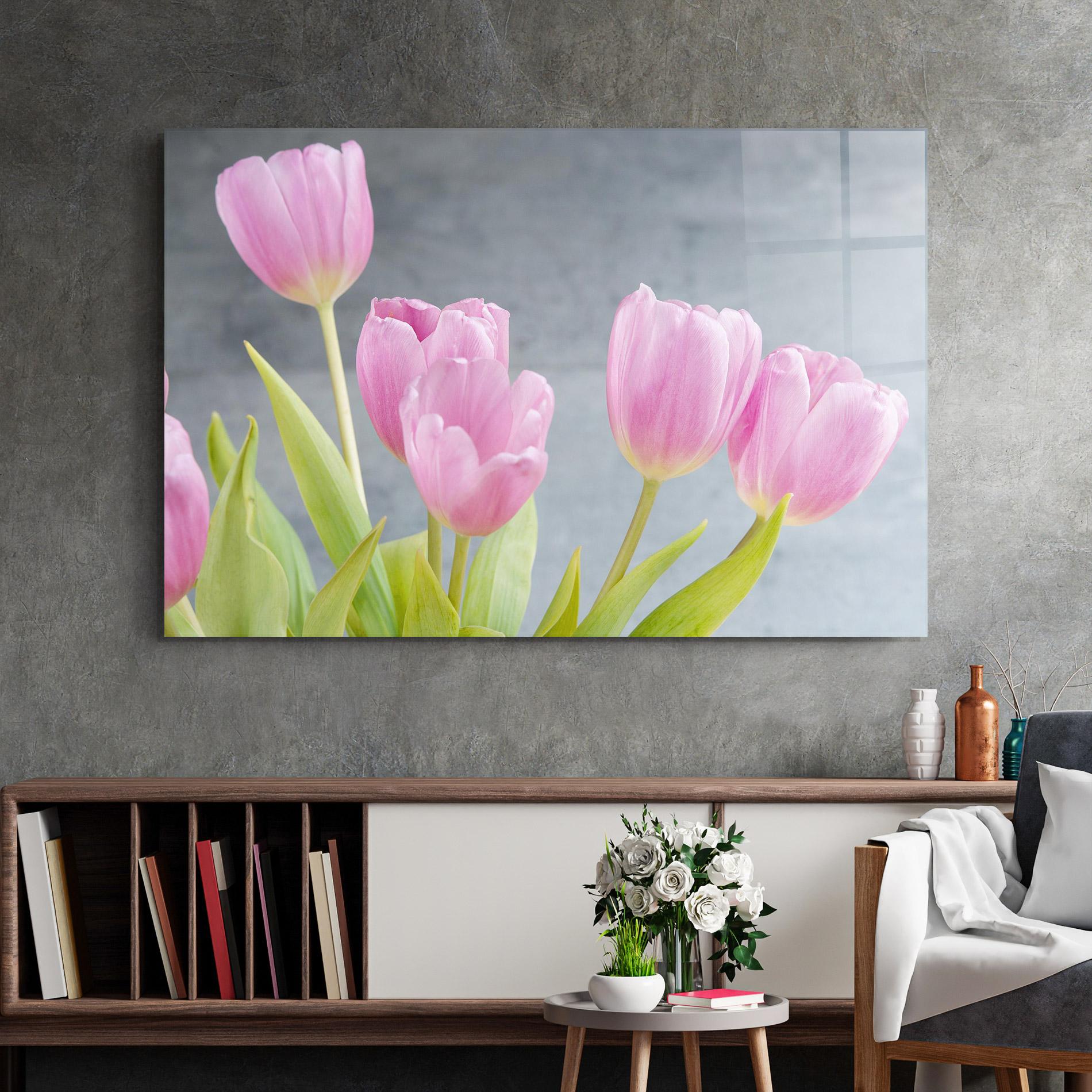 Стъклена картина Pink Pastel Tulip On Grey mockup 2