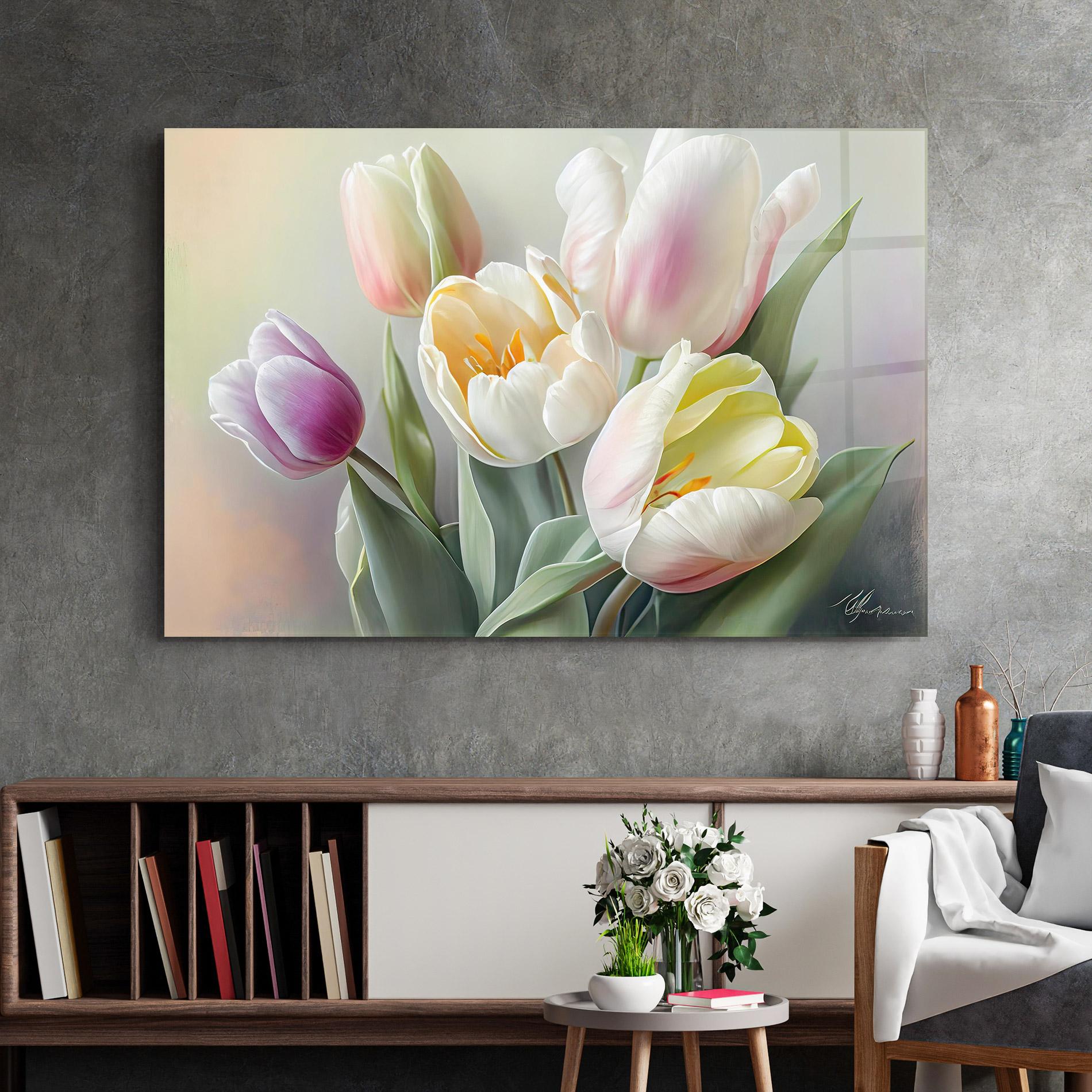Стъклена картина White Tulips Painting mockup 2